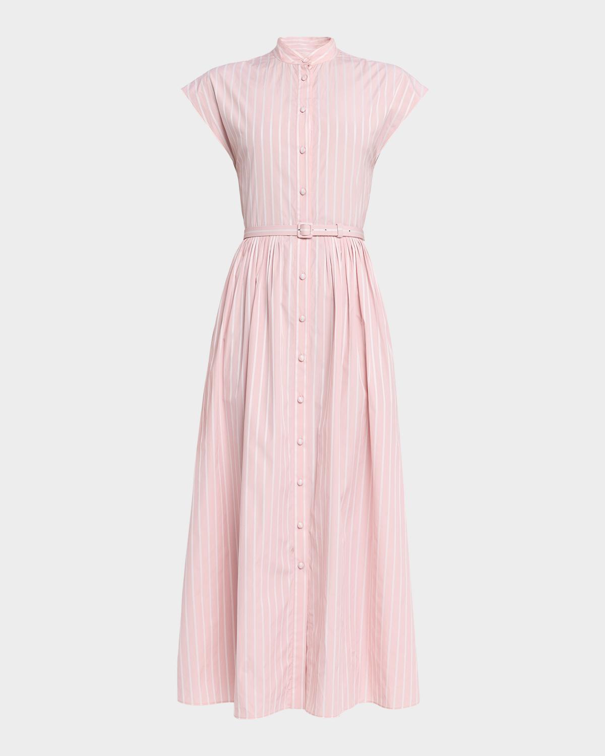 Adam Lippes Genevieve Striped Cotton Pleated Midi Shirtdress With Belt
