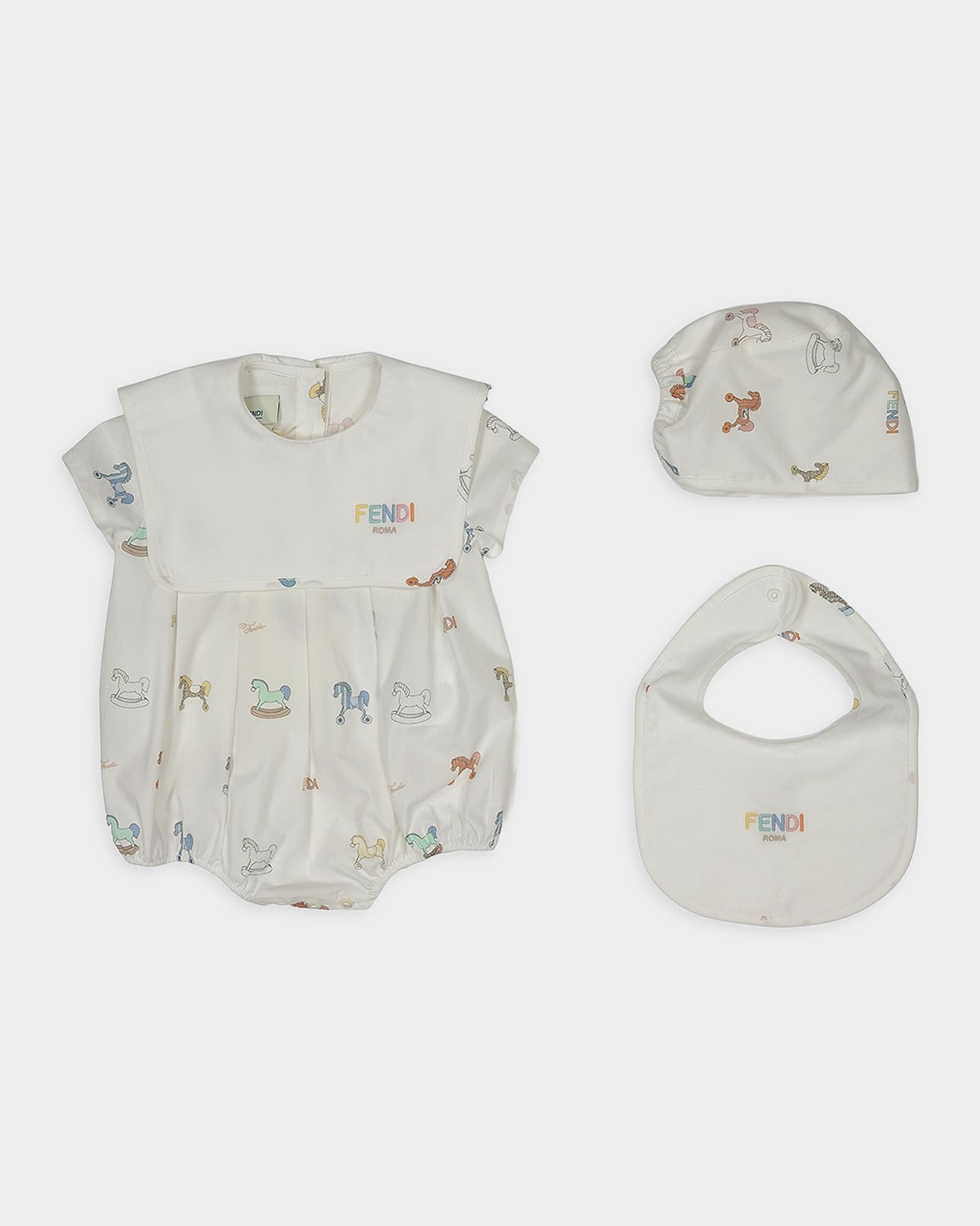 Fendi Kid 's Embroidered Logo Romper, Bib & Hat Gift Set, Size 1M-9M