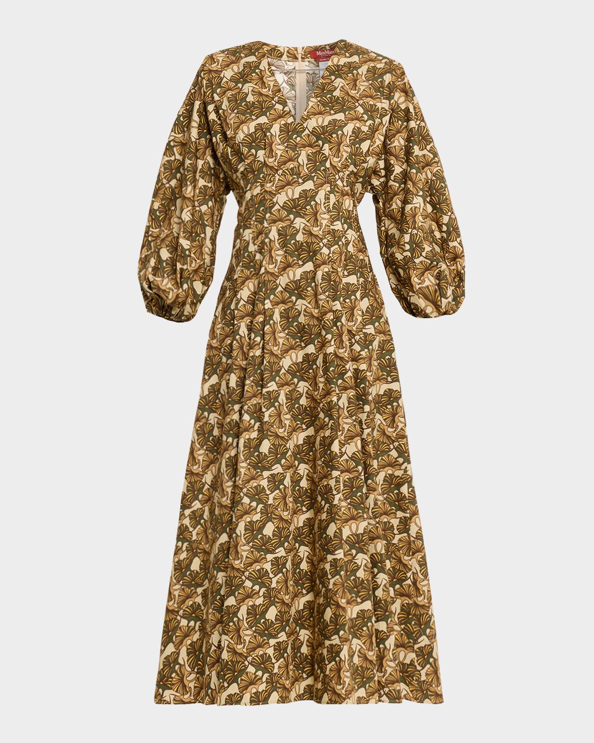 Max Mara Studio Astice Pleated Abstract-Print Cotton Midi Dress