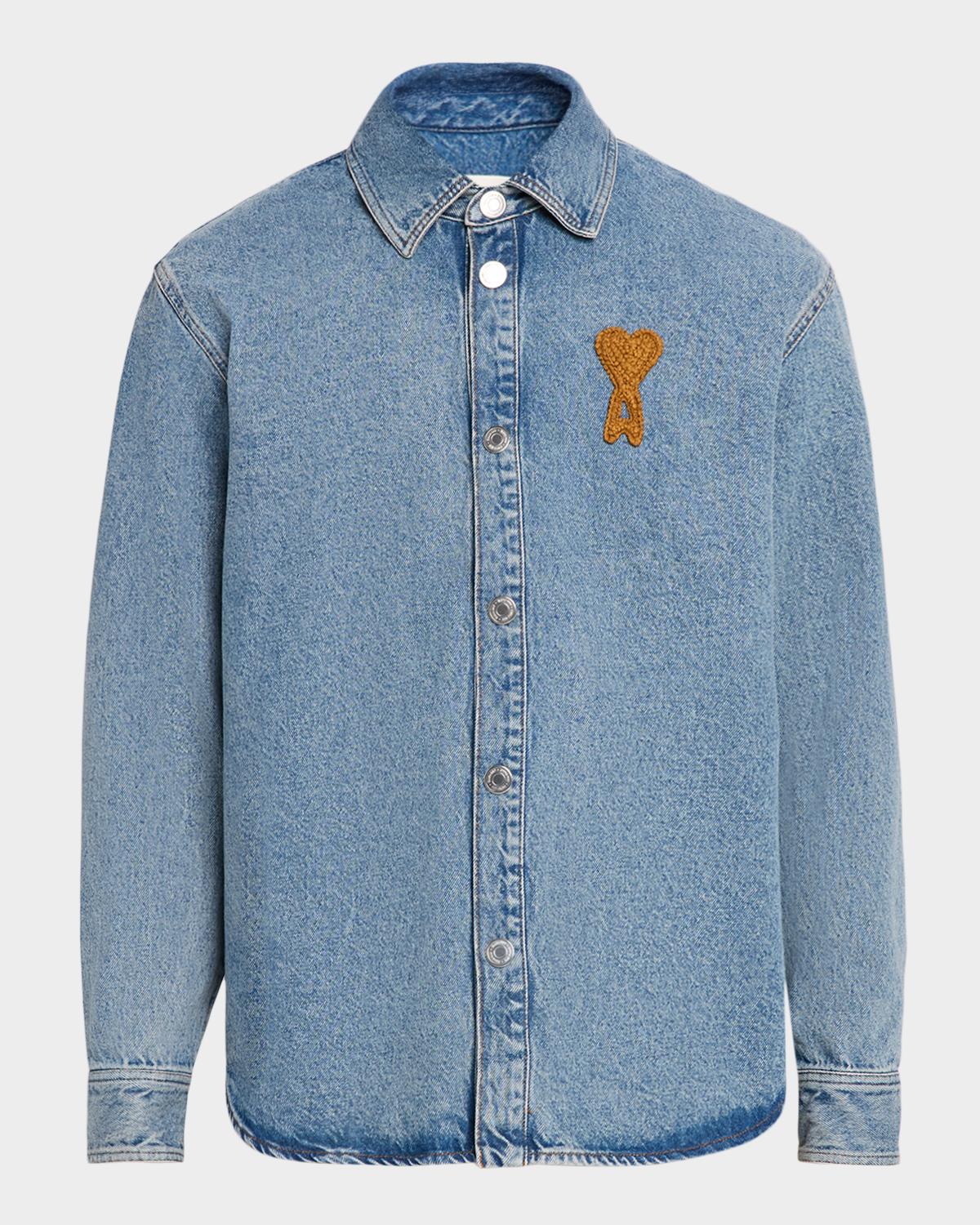 Ami Paris Men's Denim Overshirt with Crochet Ami de Coeur
