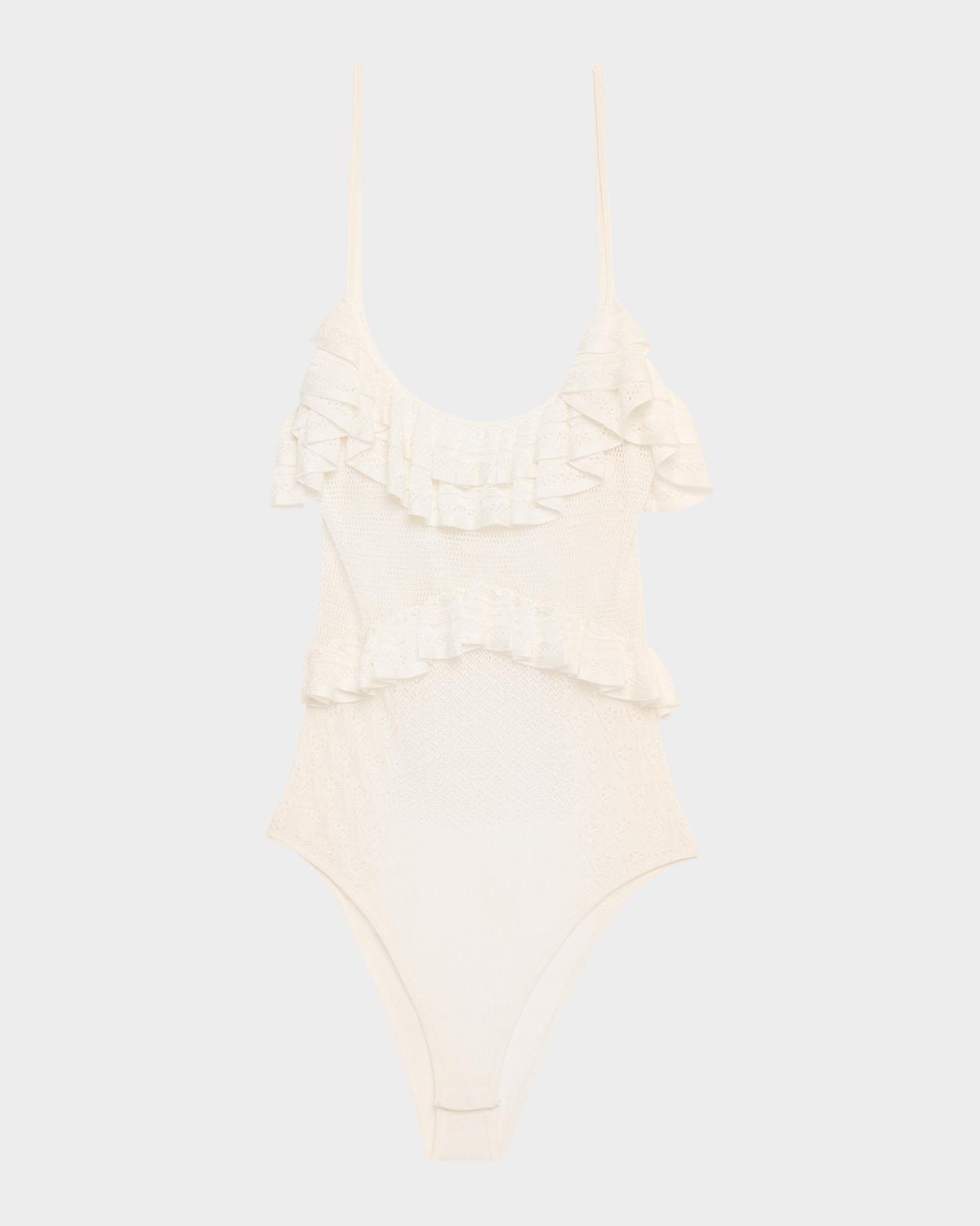 Ulla Johnson Bania Ruffled Pointelle Knit Bodysuit