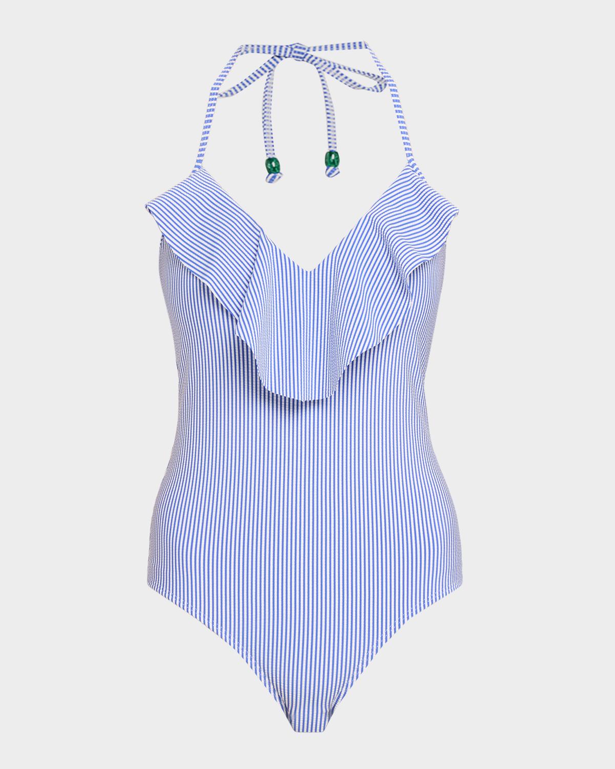Shoshanna Ruffle Striped One-Piece Swimsuit