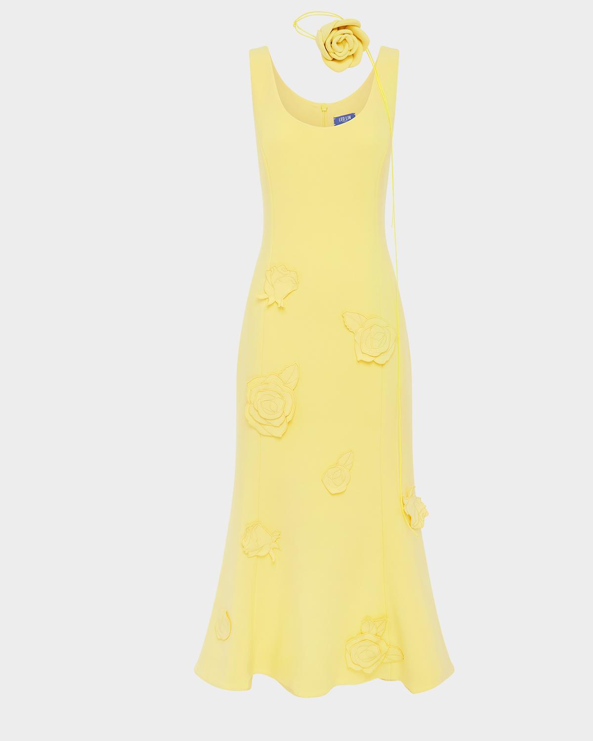 LEO LIN Emily Floral Applique Trumpet Midi Dress