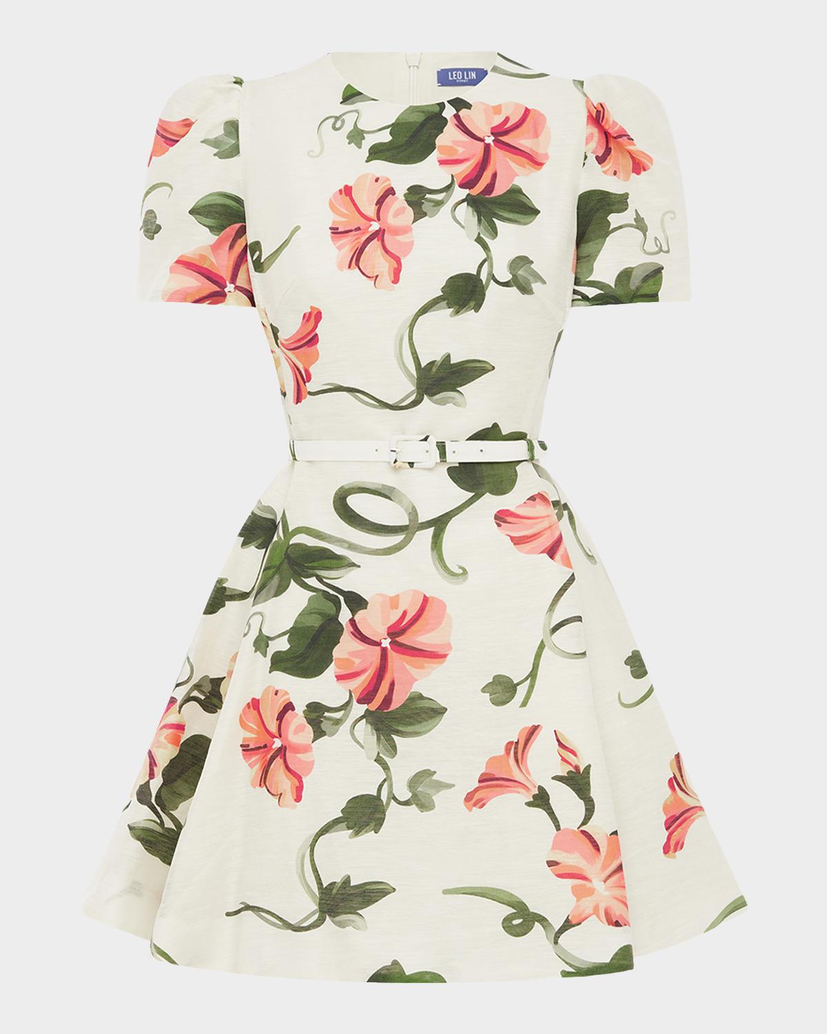 LEO LIN Elyse Belted Floral Linen-Blend Mini Dress
