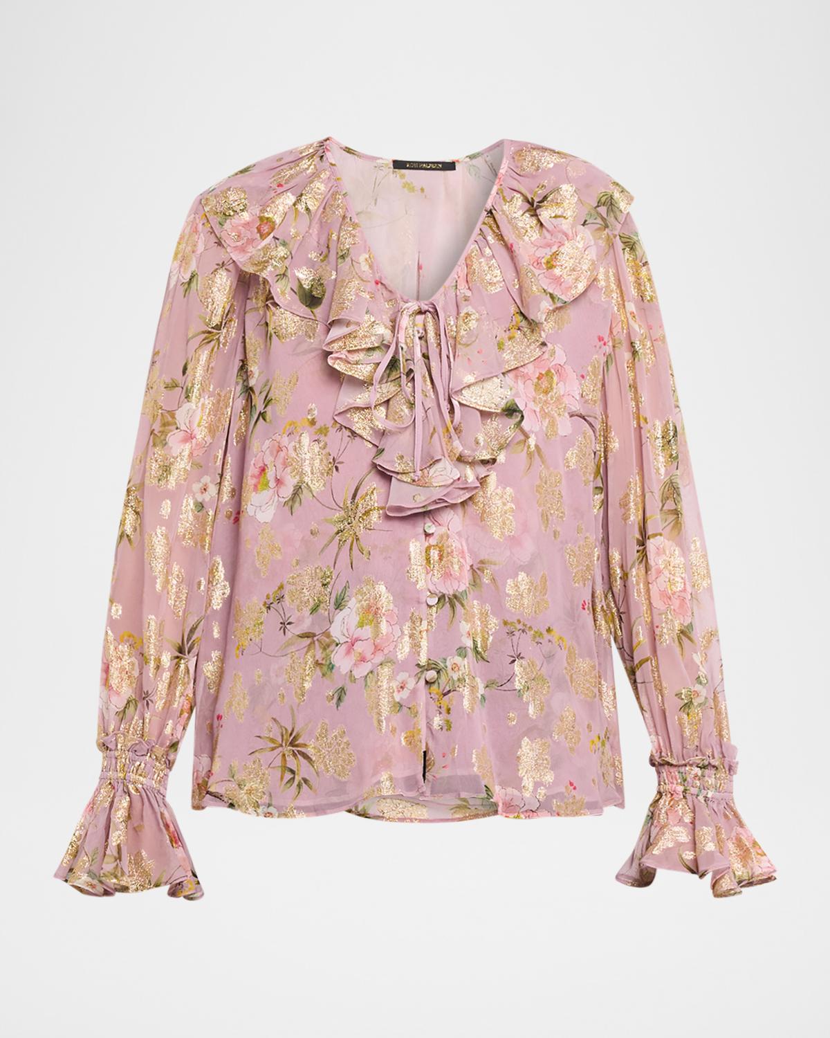 Kobi Halperin Leia Metallic Floral-Print Ruffle Blouse