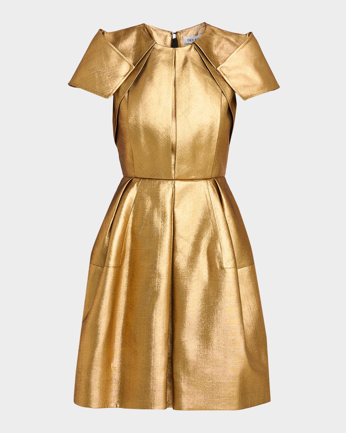 Dice Kayek Metallic Pleated Short-Sleeve Fit-And-Flare Dress