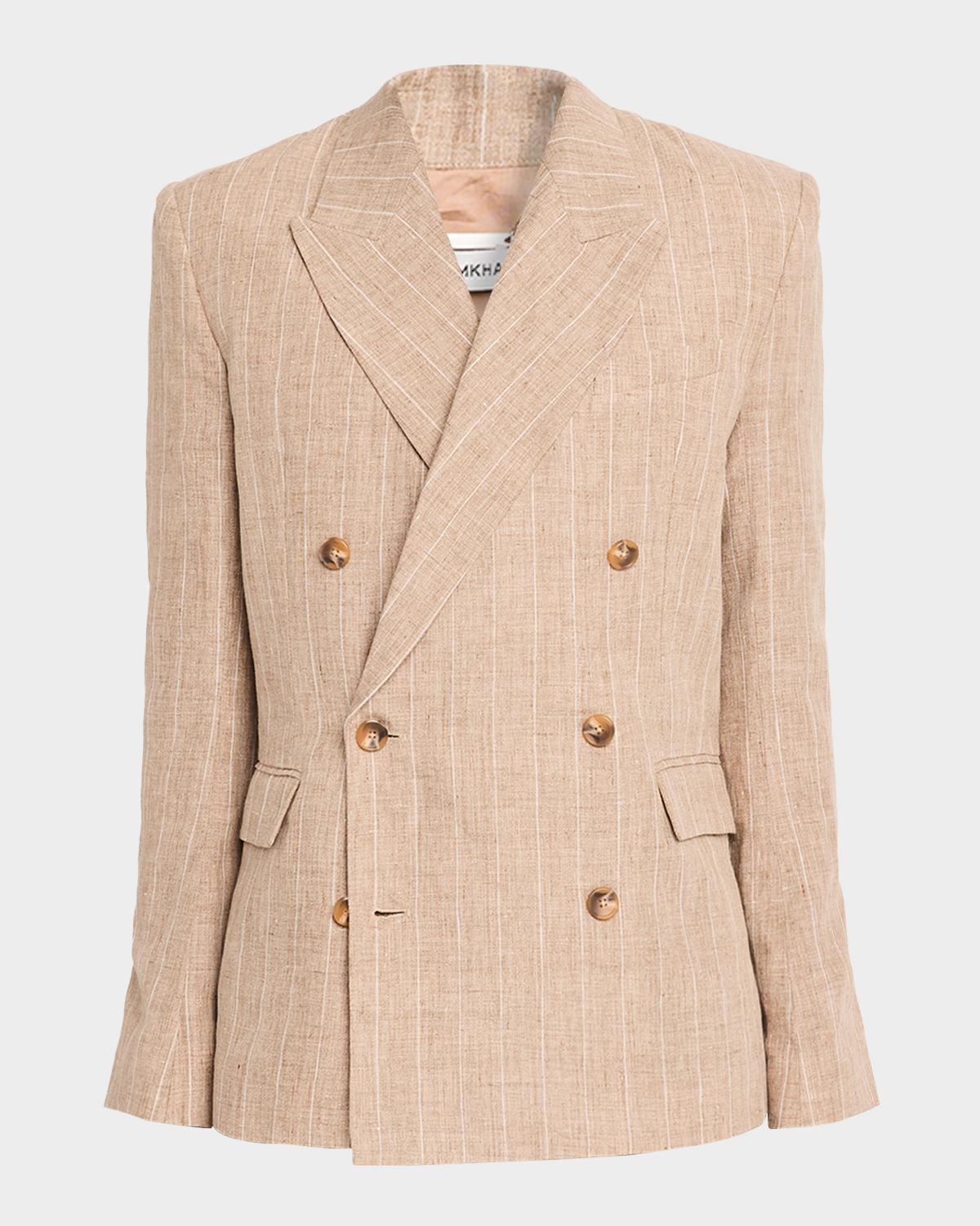 SIMKHAI Men's Lucas Linen Stripe Double-Breasted Blazer