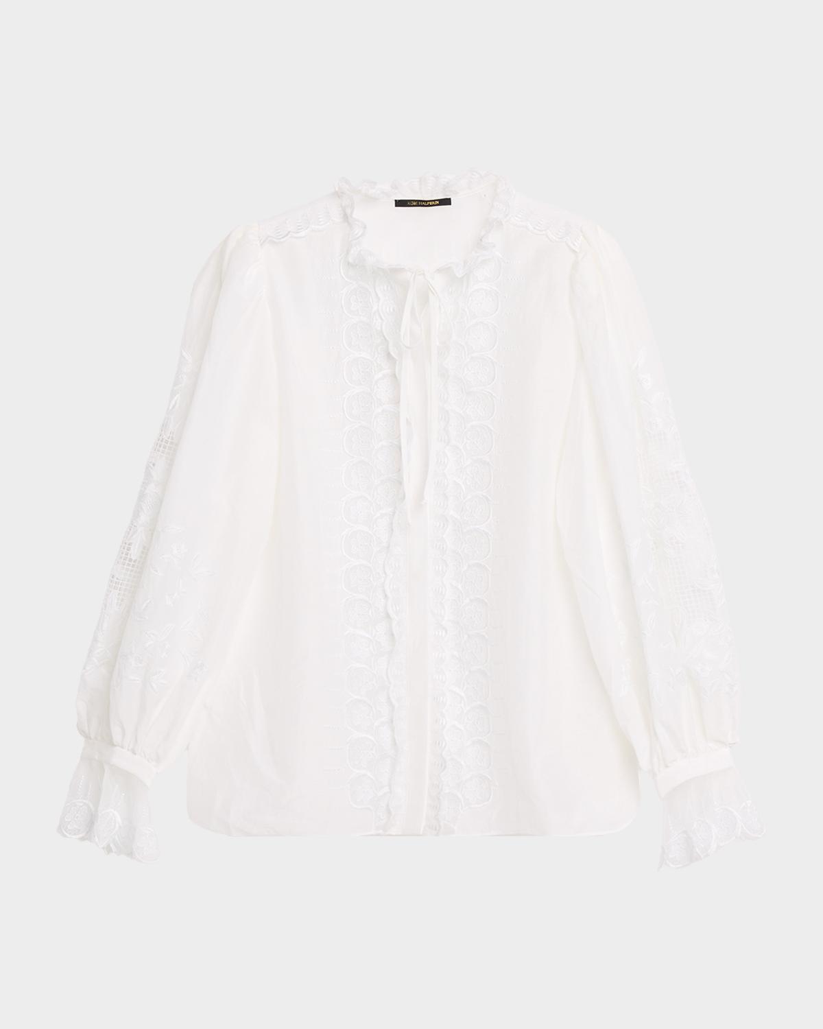 Kobi Halperin Lacey Embroidered Cotton/Silk Tieneck Blouse