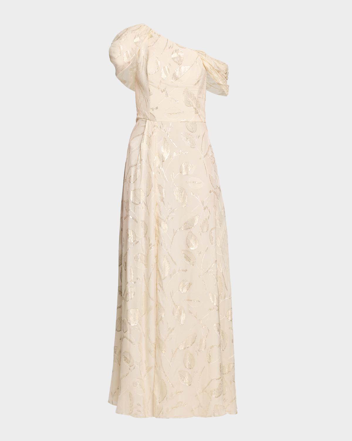 Shoshanna Penelope One-Shoulder Metallic Vine Maxi Dress