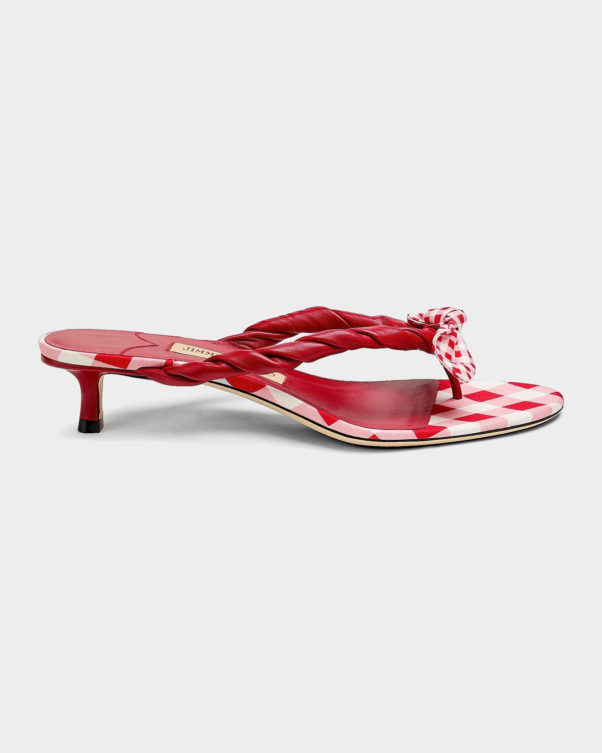 Jimmy Choo 35mm Liss Leather and Gingham Bow Kitten-Heel Sandals