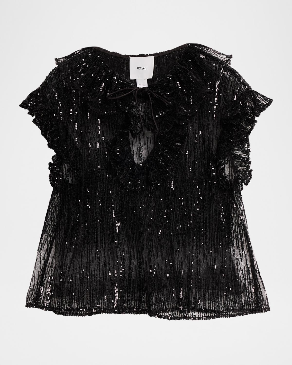 AKNVAS Este Sequined Ruffle Tulle Top