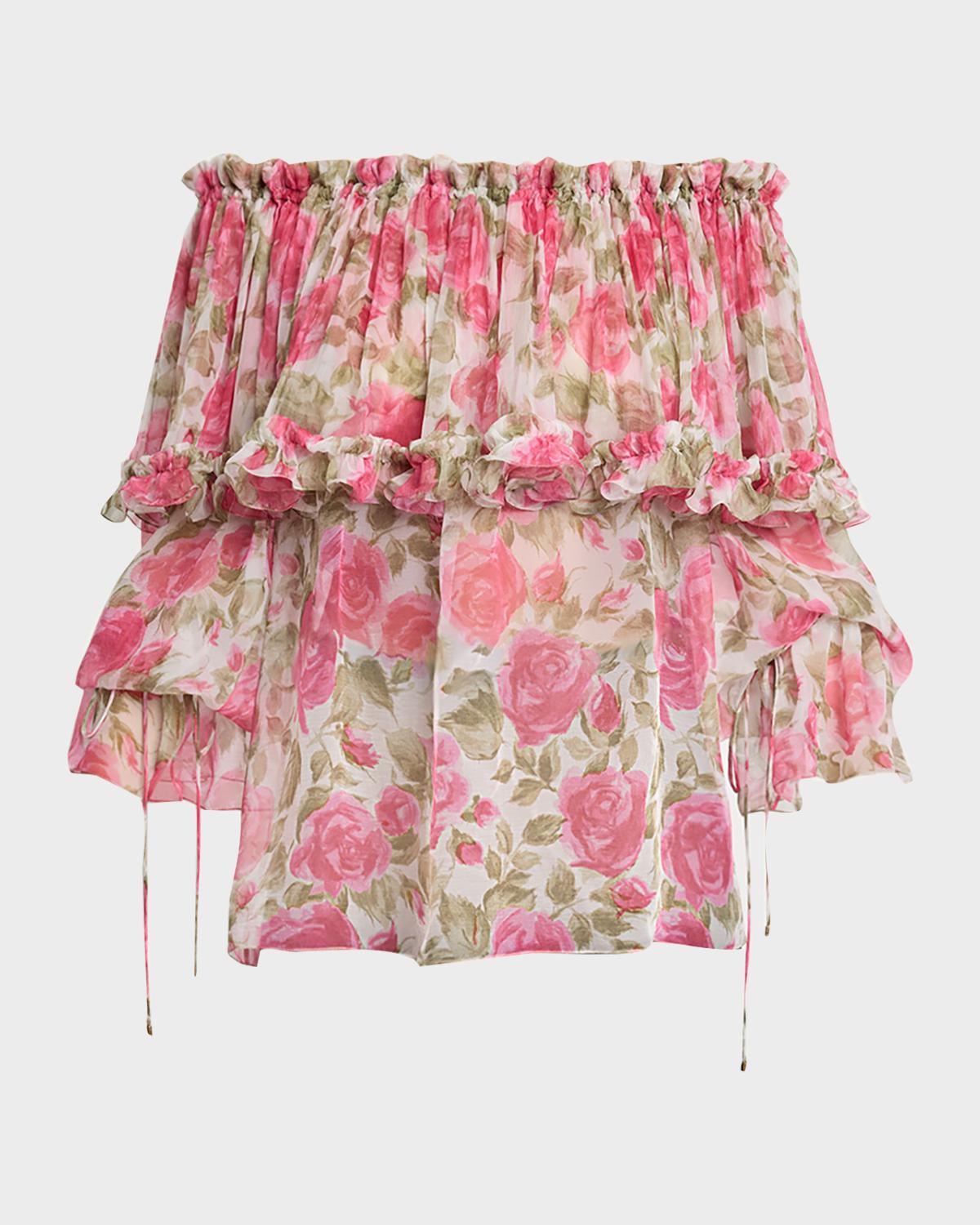 Chloe Floral Silk Off-The-Shoulder Ruffle Top