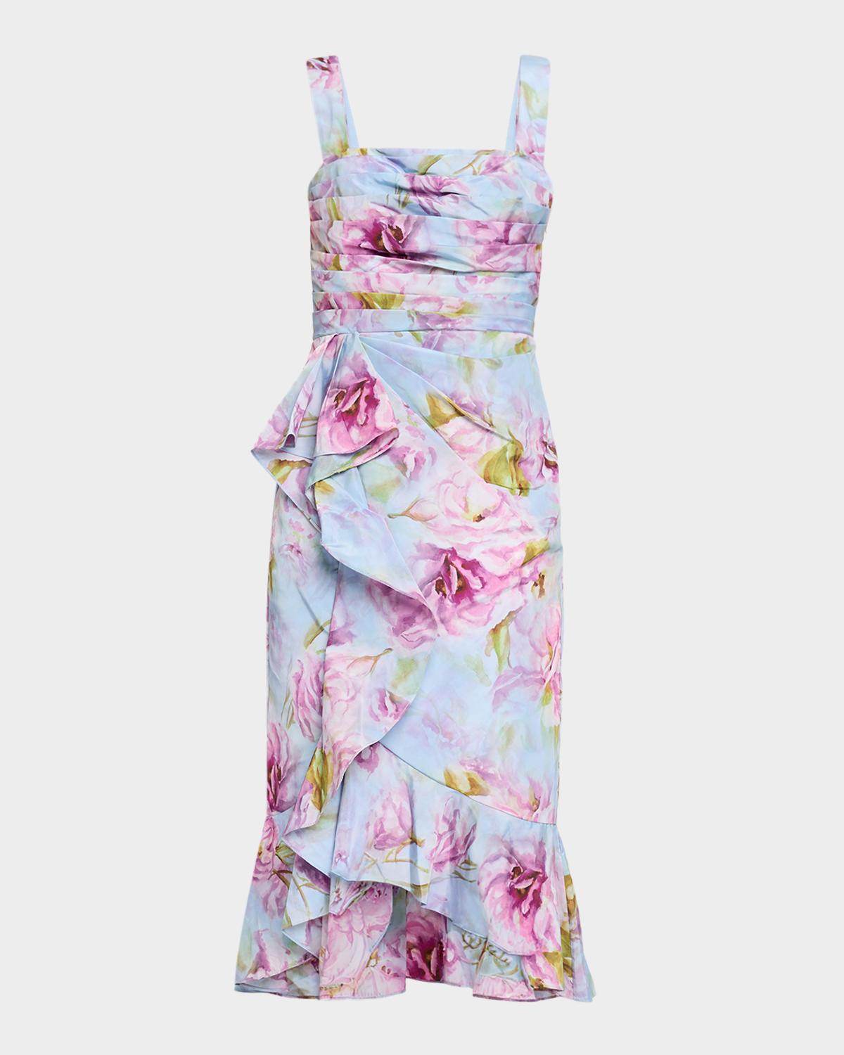 Theia Livia Draped Floral-Print Taffeta Midi Dress