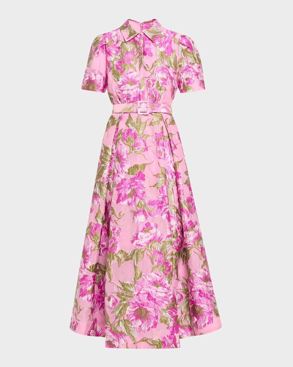 Theia Abba Belted Floral Jacquard Shirt Gown