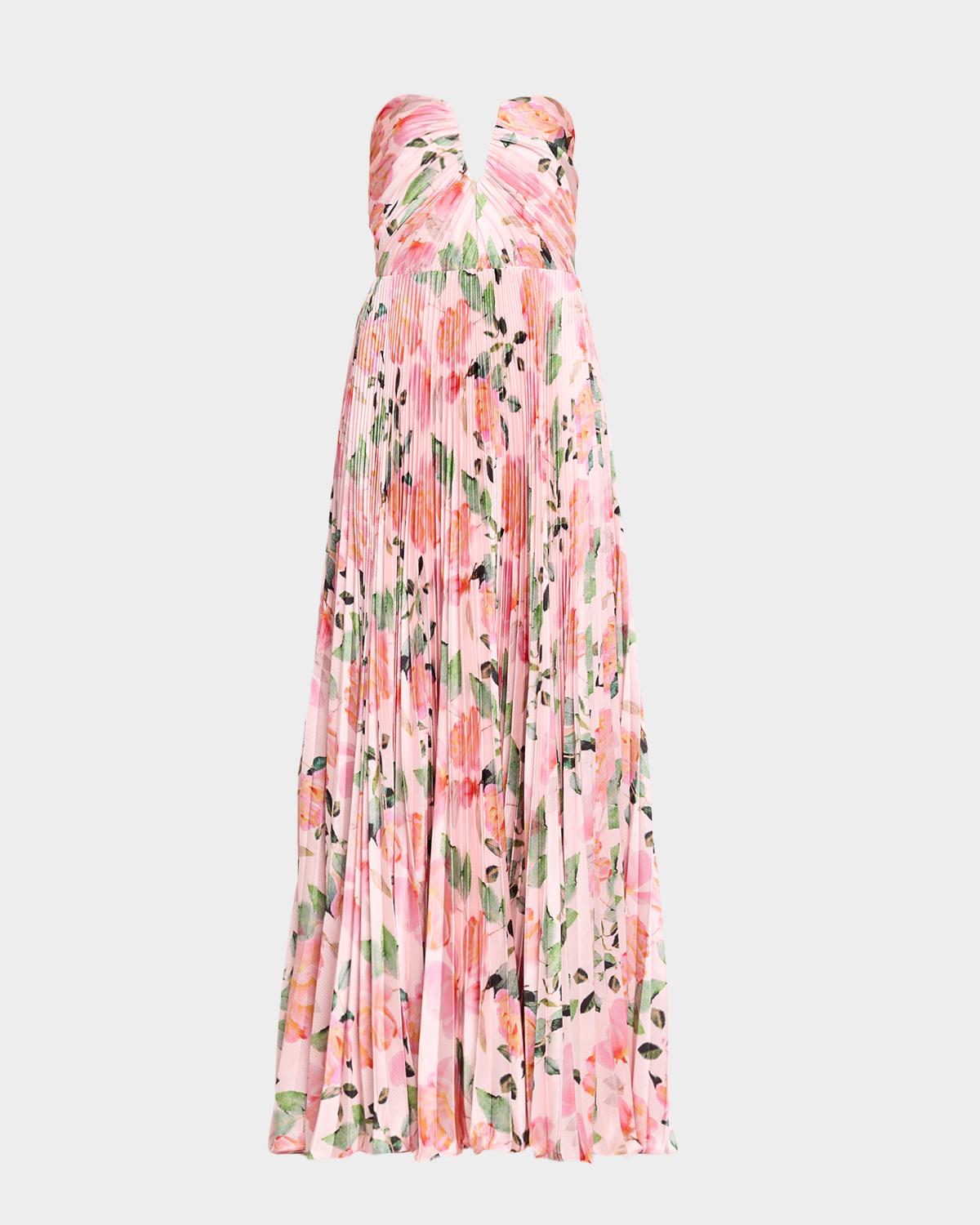 As It May Ella Strapless Pleated Floral-Print Satin Gown