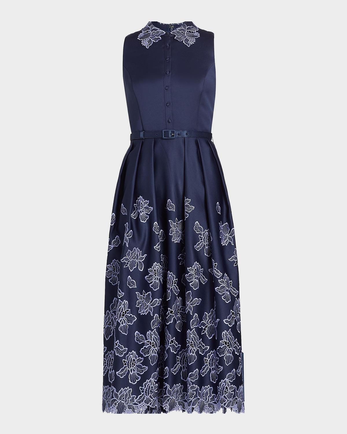 Theia Merisel Pleated Floral-Embroidered Midi Shirtdress