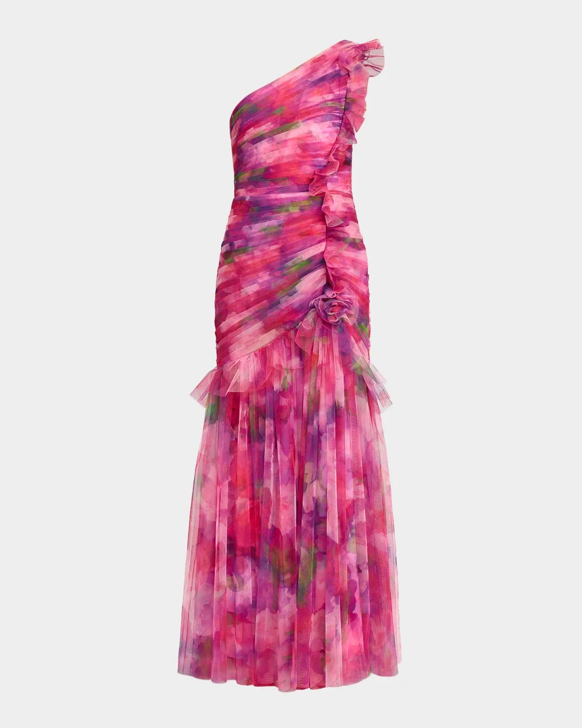Theia Myrtle One-Shoulder Ruffle Tulle Mermaid Gown