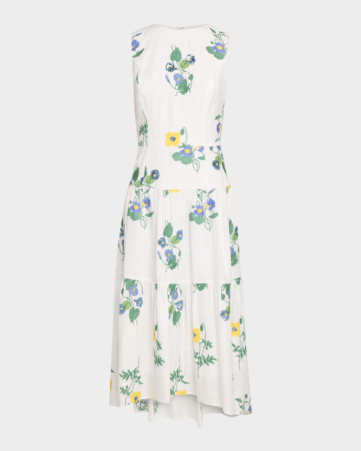 Shoshanna Cambridge Tiered Floral-Embroidered Midi Dress