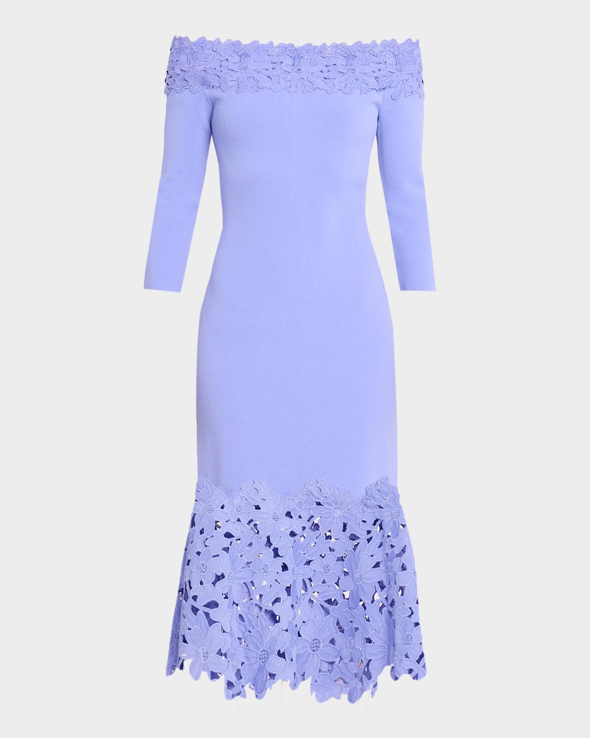 Theia Sia Off-Shoulder Lace & Knit Midi Dress