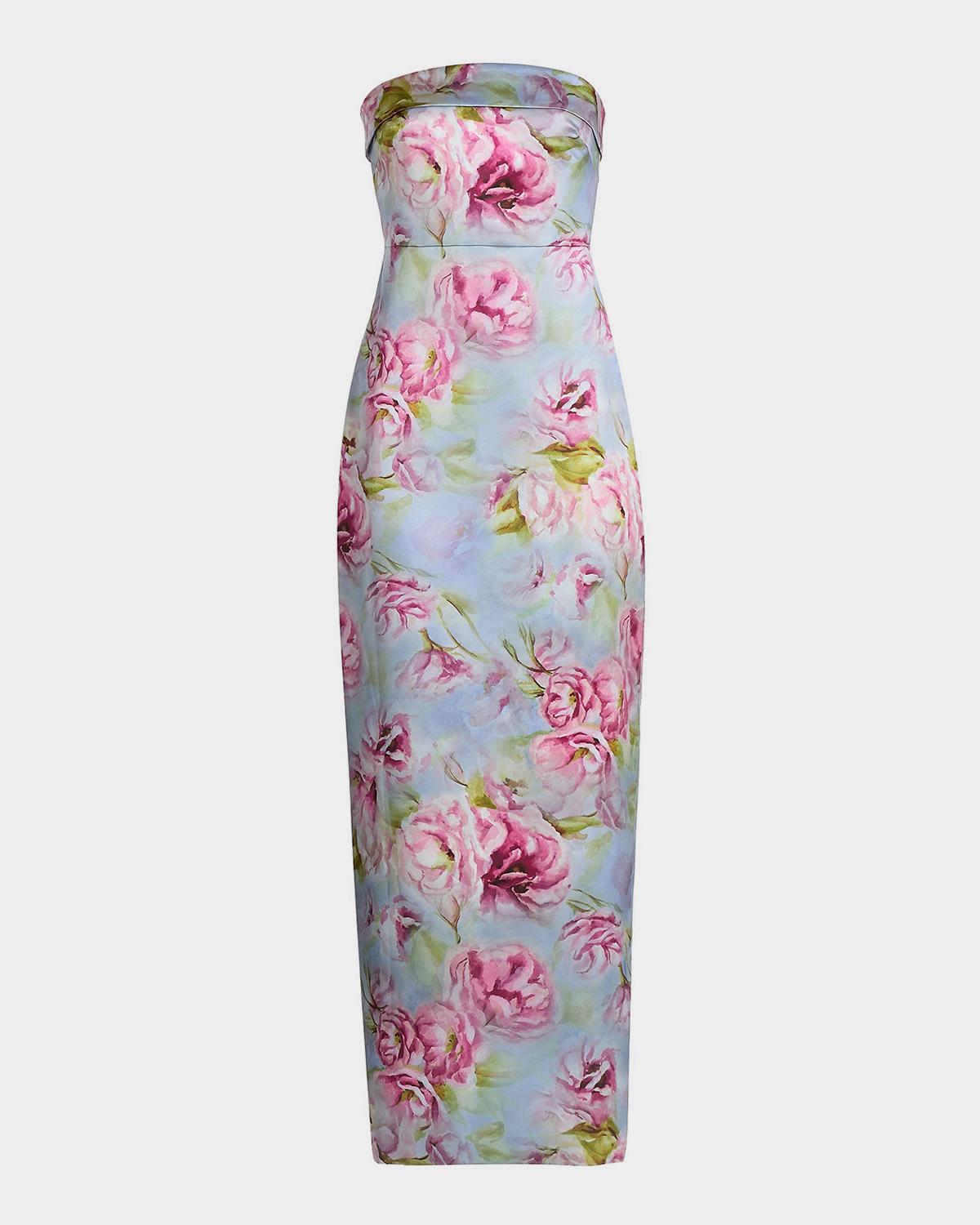 Theia Cleo Strapless Floral-Print Mikado Column Gown