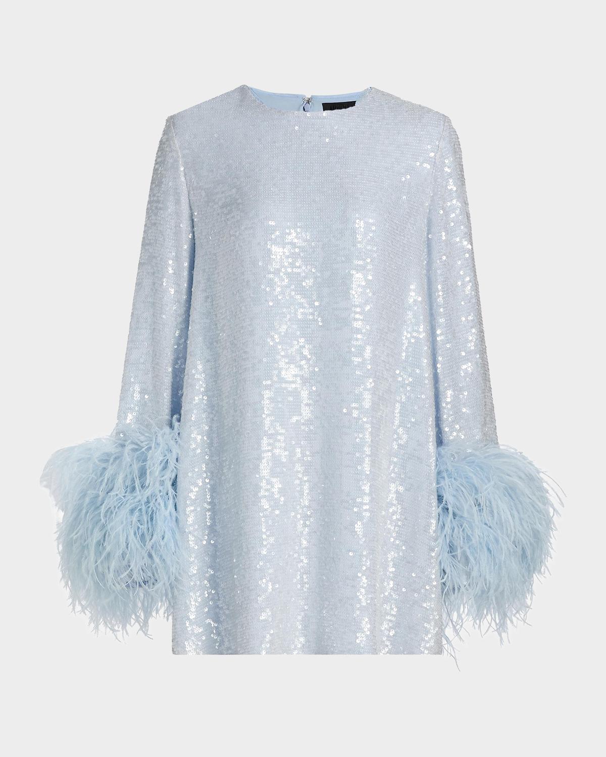 LAPOINTE Feather Cuff Long-Sleeve Sequined Mini Shift Dress