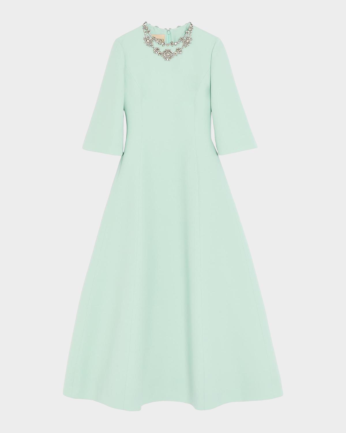 Crystal Embroidered Silk-Wool 3/4-Sleeve Midi Dress