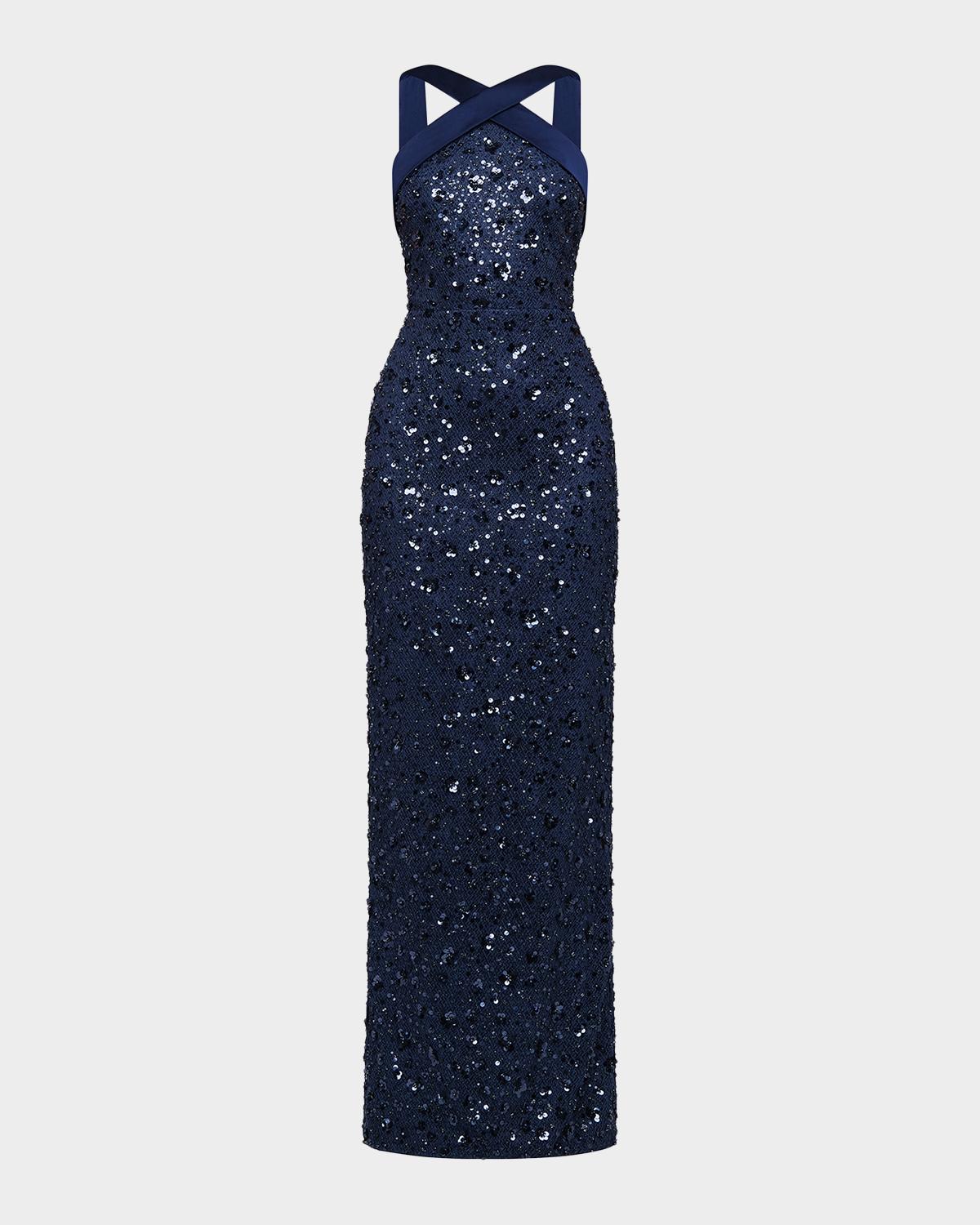 Theia Velina Pleated Floral Applique Mikado Gown