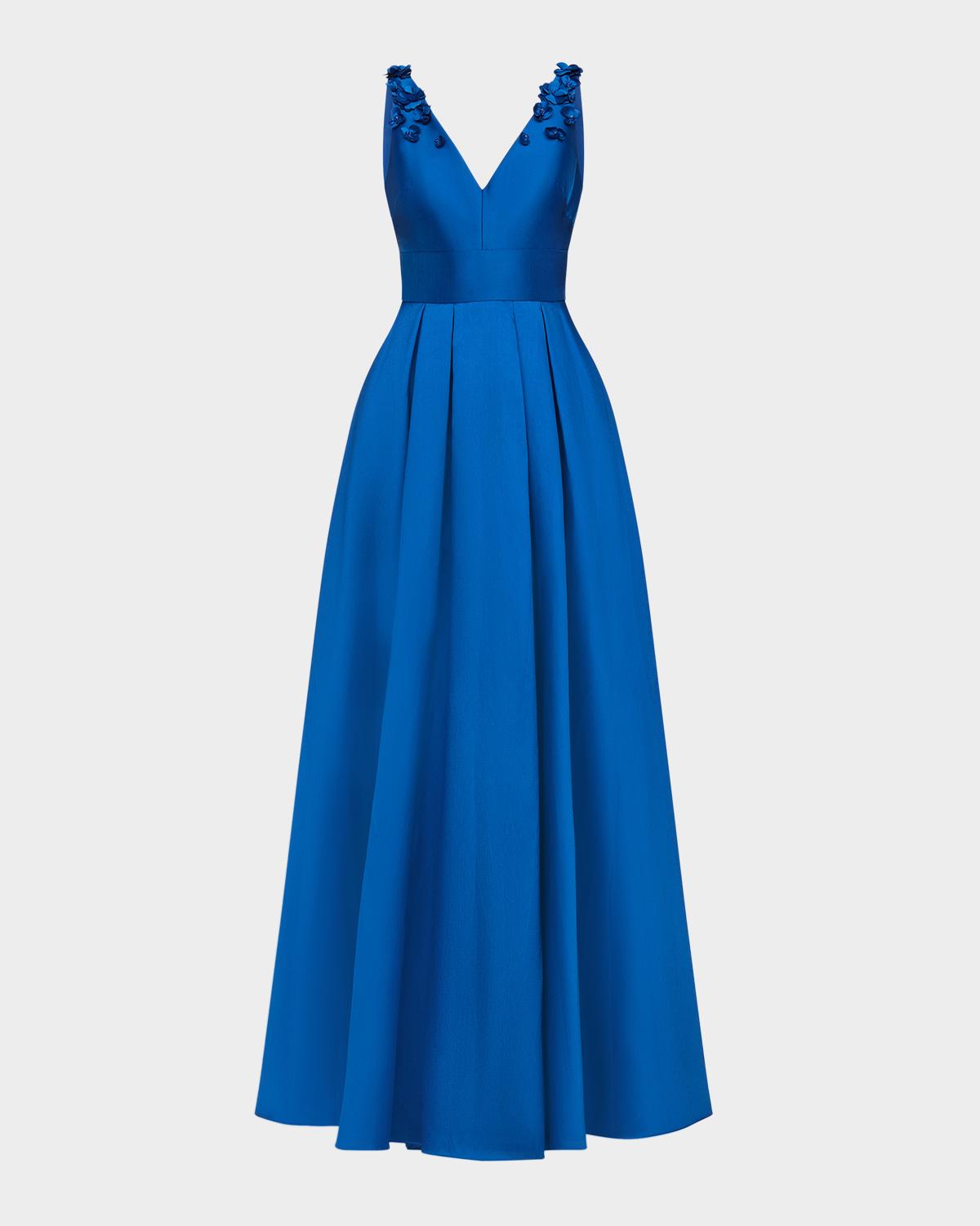 Theia Velina Pleated Floral Applique Mikado Gown