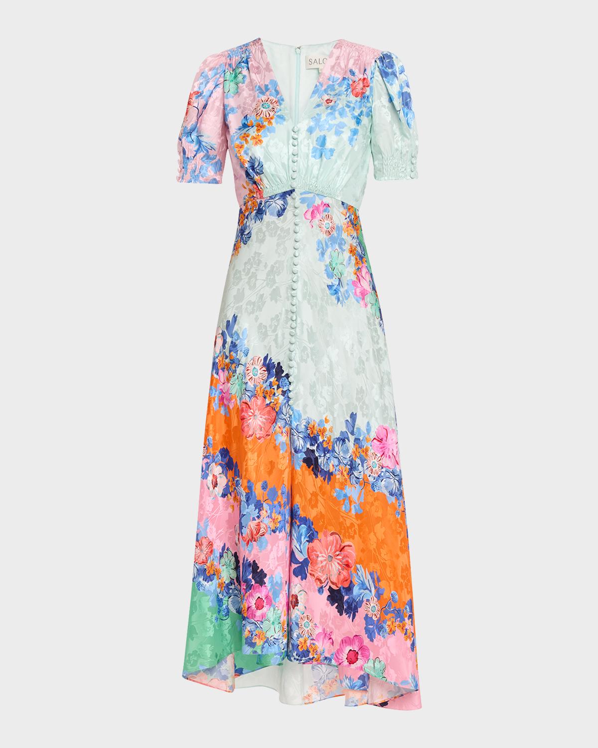 Saloni Lea Floral Silk Jacquard Button-Front Midi Dress
