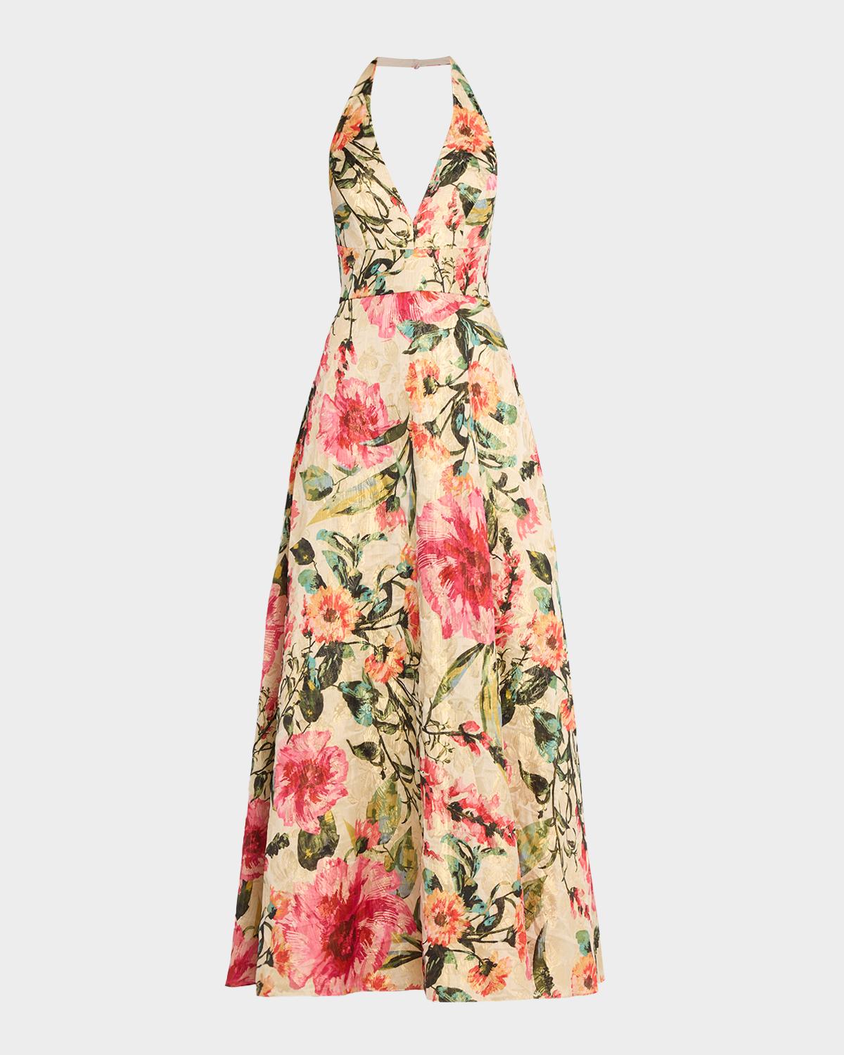 Aidan Mattox Floral Jacquard Plunging Halter Gown