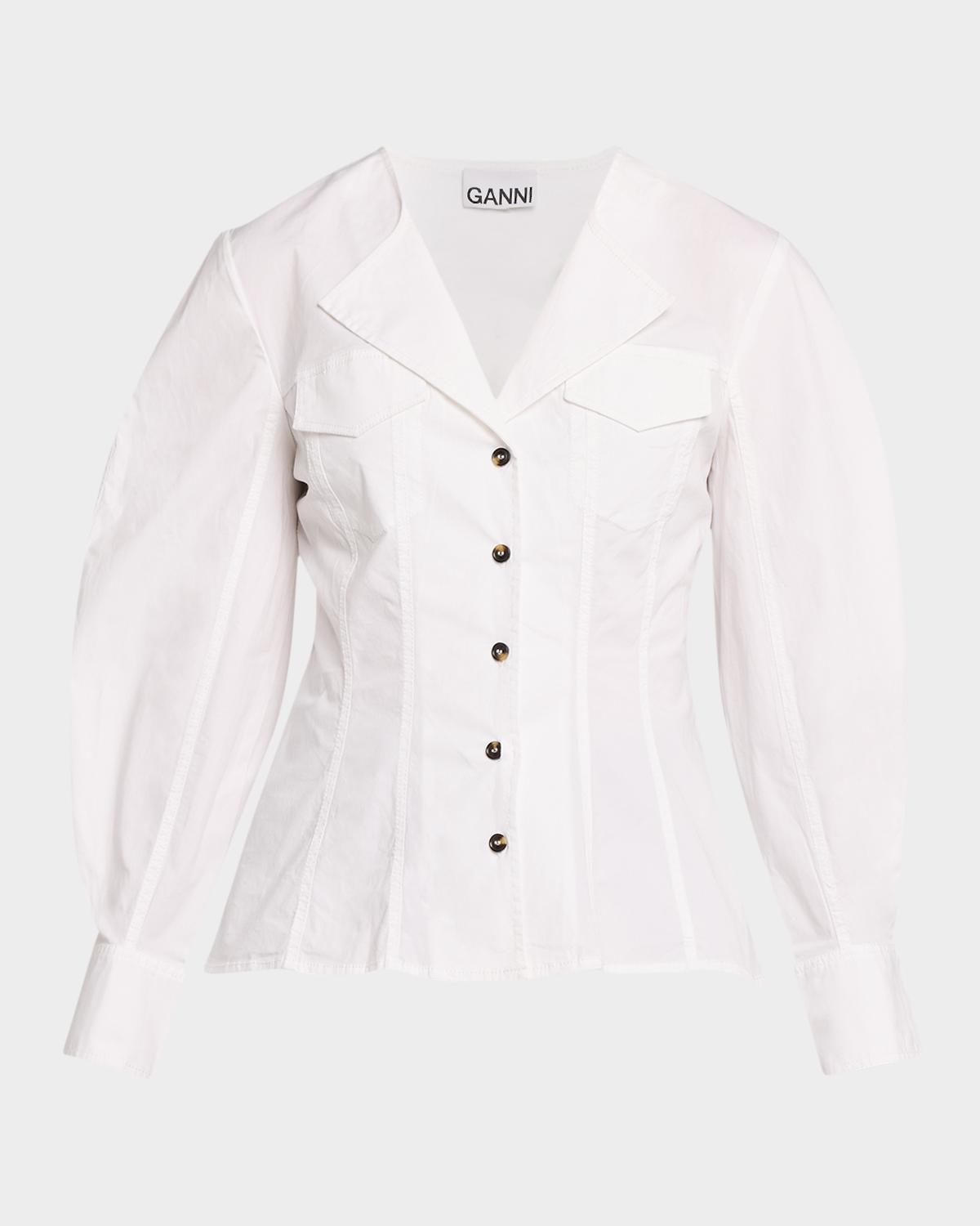 Ganni Long-Sleeve Seamed Cotton Top