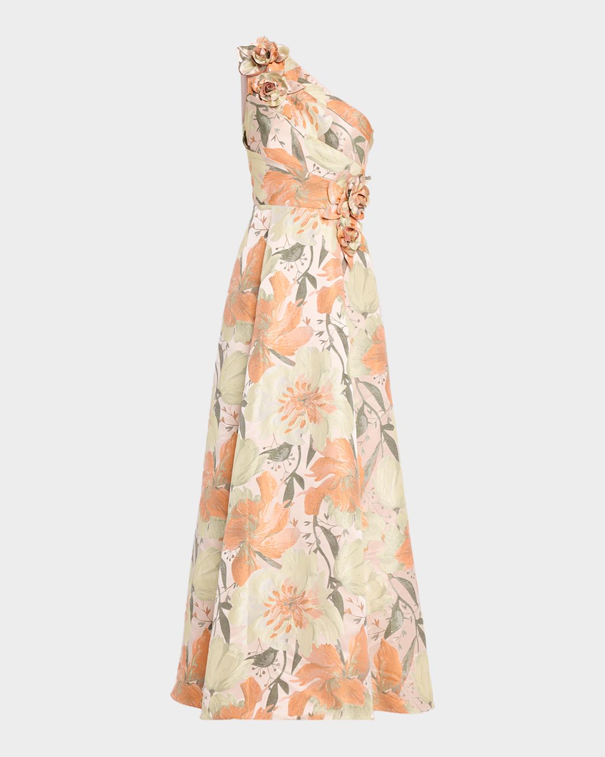 Aidan Mattox Pleated One-Shoulder Floral Jacquard Gown