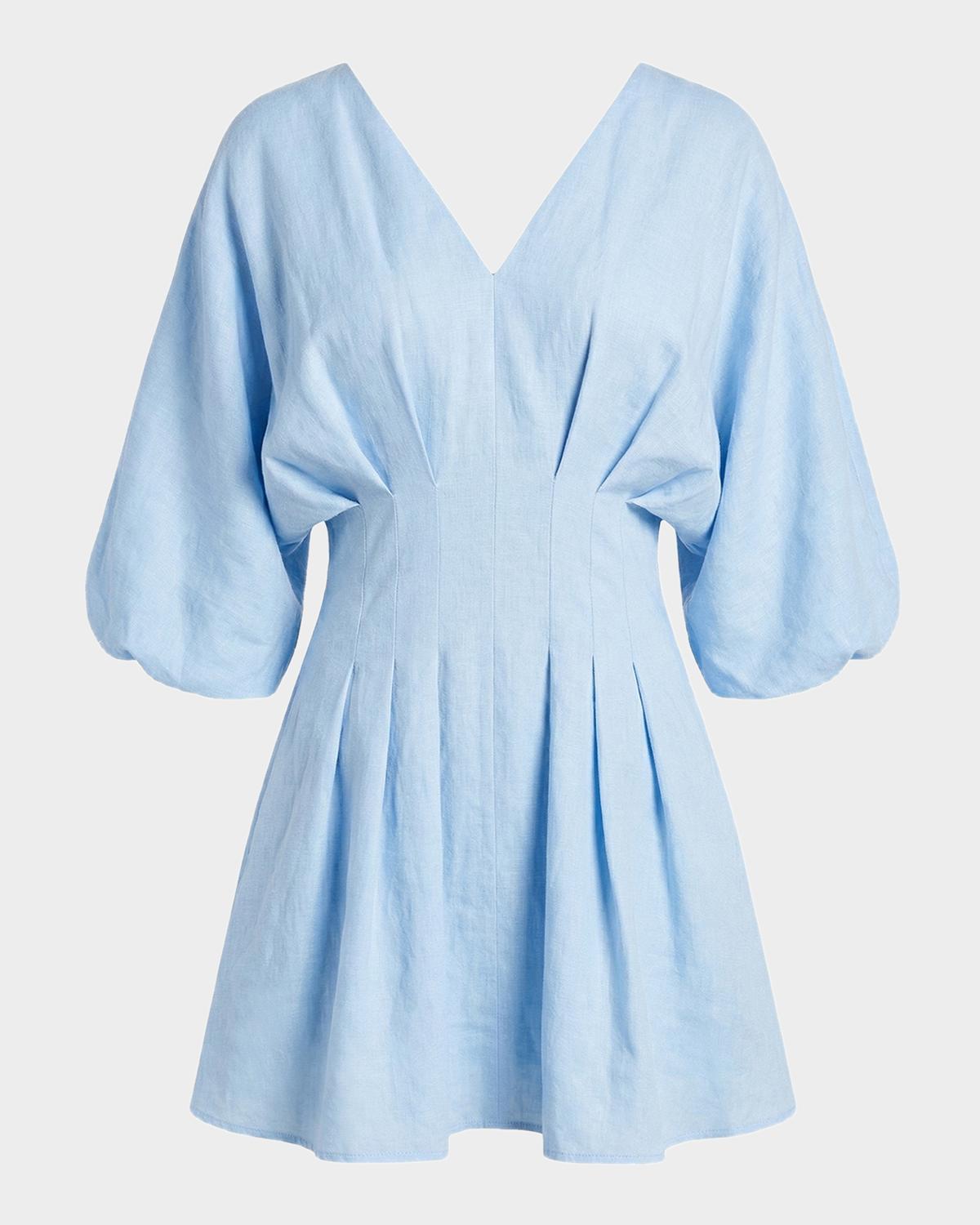 NICHOLAS Pleated Blouson-Sleeve Linen Mini Dress
