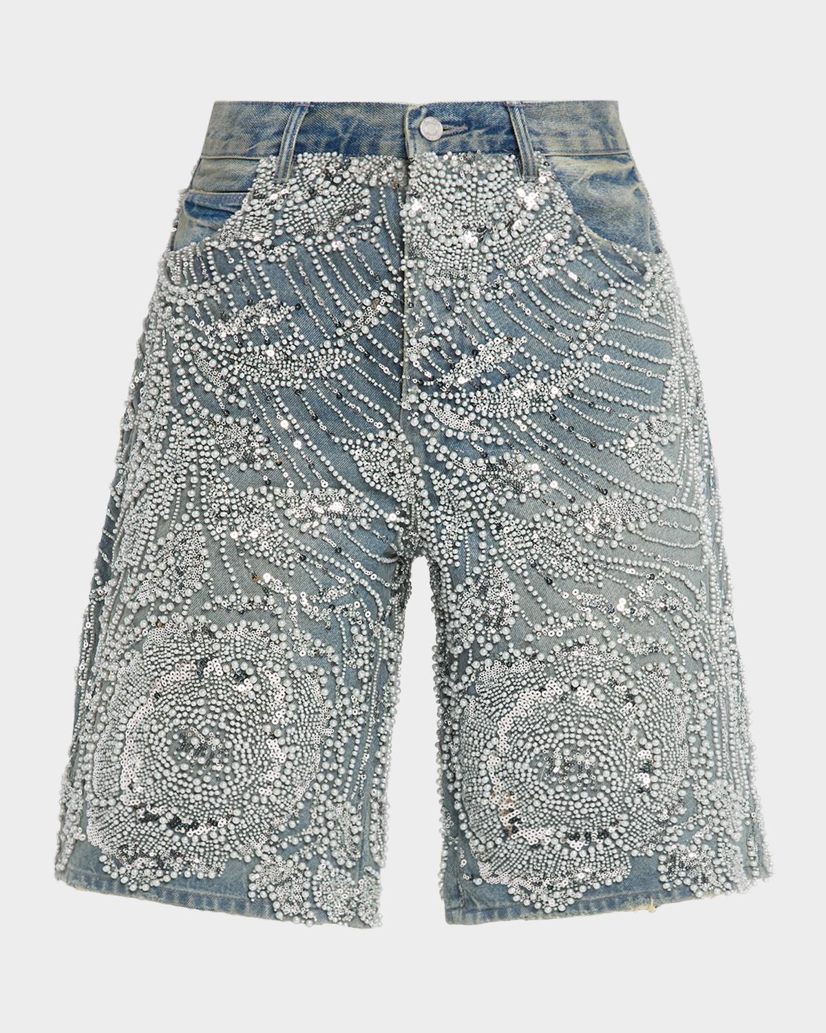 PURPLE Men's P070 Hand-Beaded & Crystal-Embellished Denim Shorts