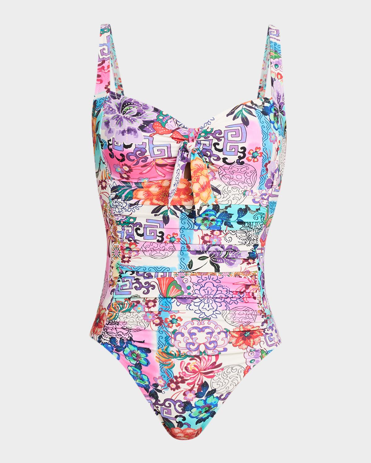 Johnny Was Kaleidoscope Patchwork Ruched One-Piece Swimsuit