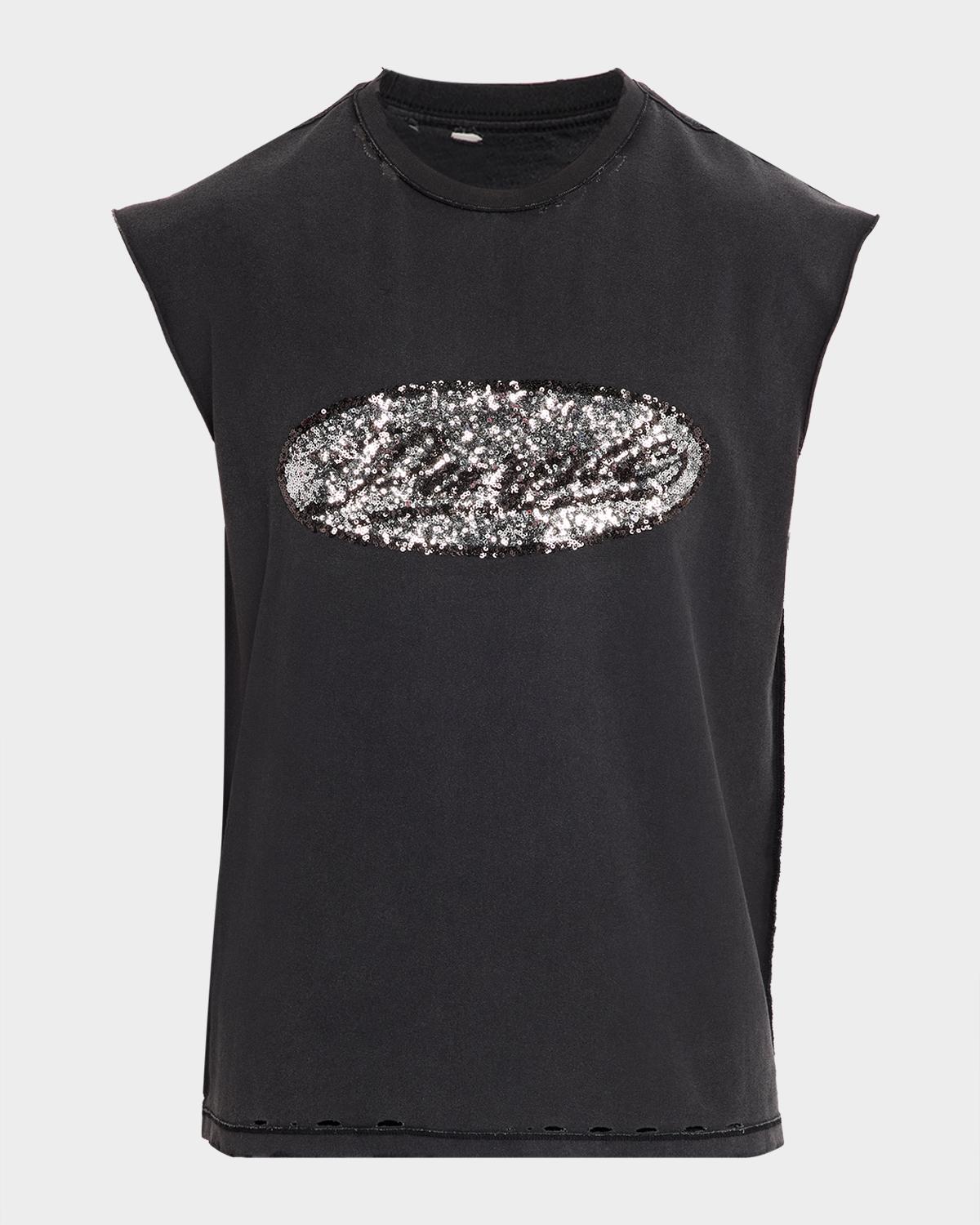PURPLE Men's Sequin-Logo Distressed Cotton Tank Top