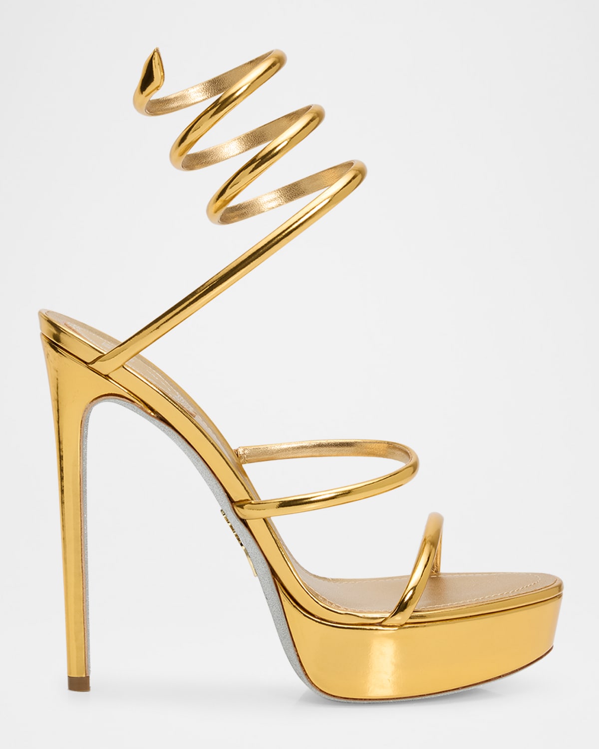 René Caovilla 130mm Metallic Leather Platform Snake-wrap Sandals In Dark Gold