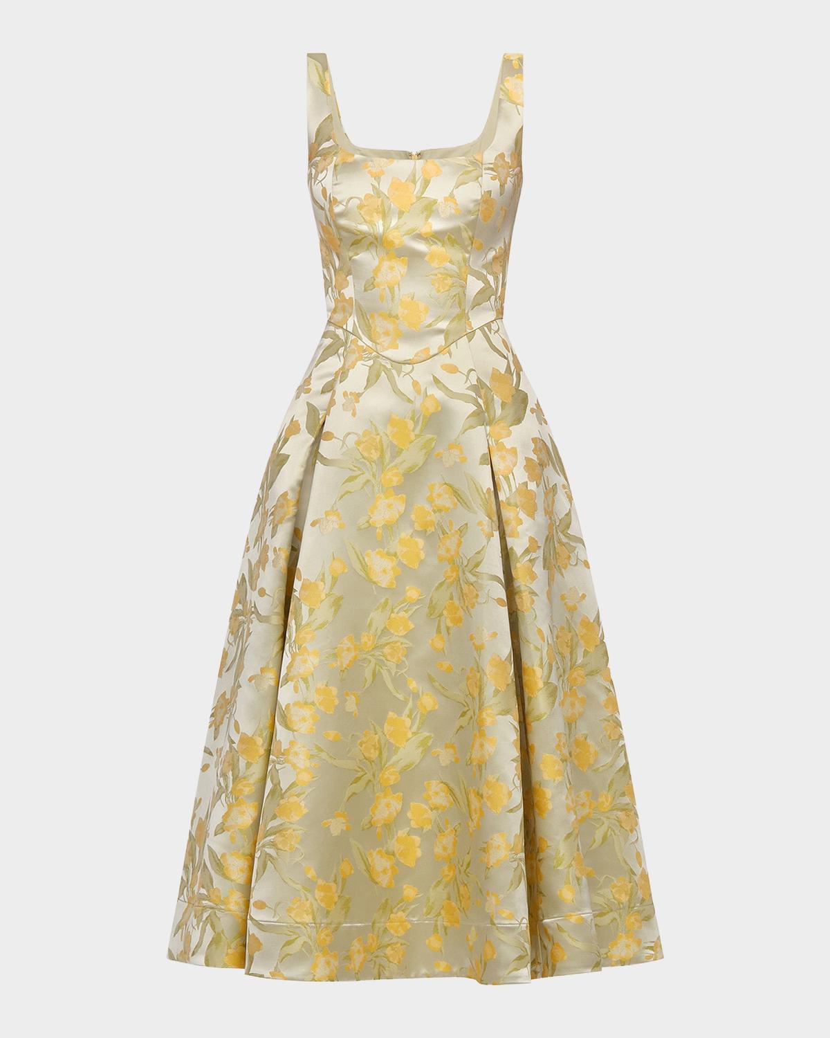 Theia Julie Basque-Waist Pleated Jacquard Midi Dress