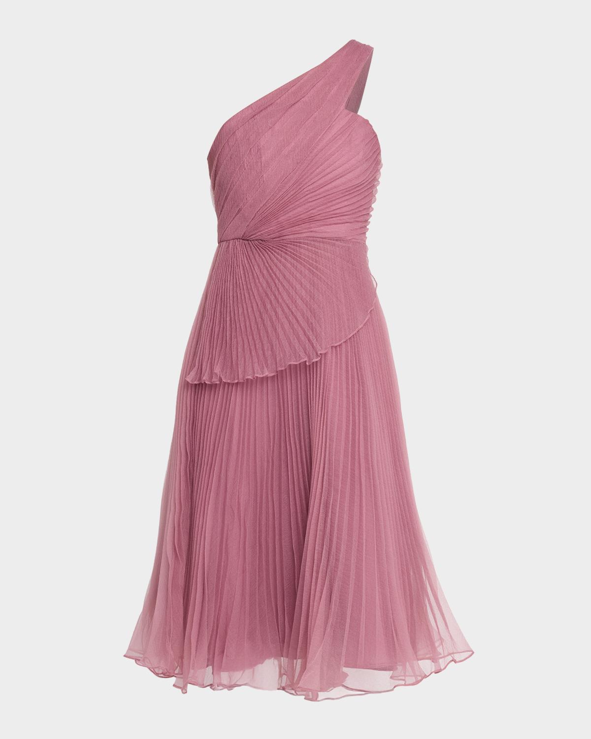 Theia Cece Pleated One-Shoulder Organza Midi Dress
