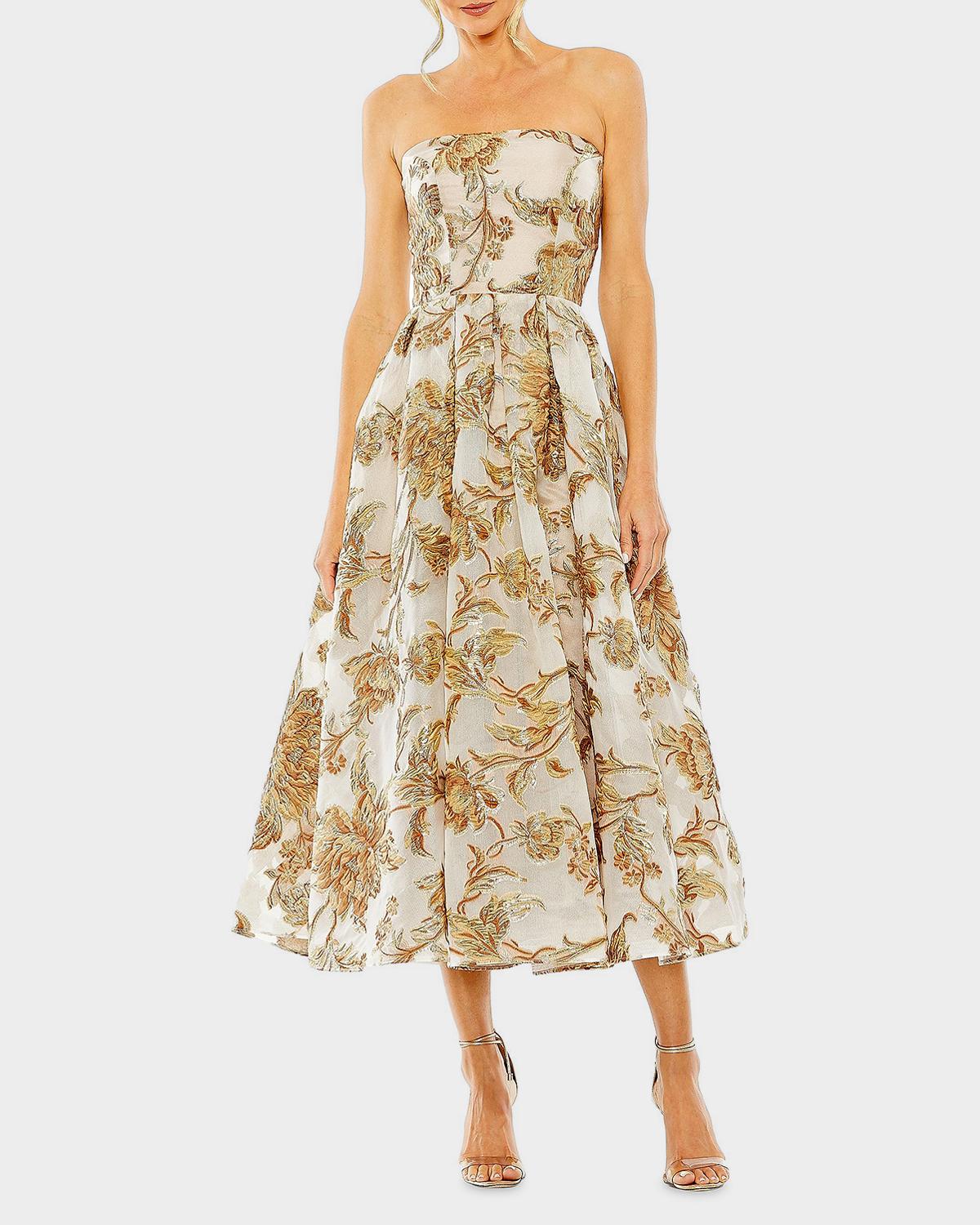 Mac Duggal Strapless Brocade Midi Dress