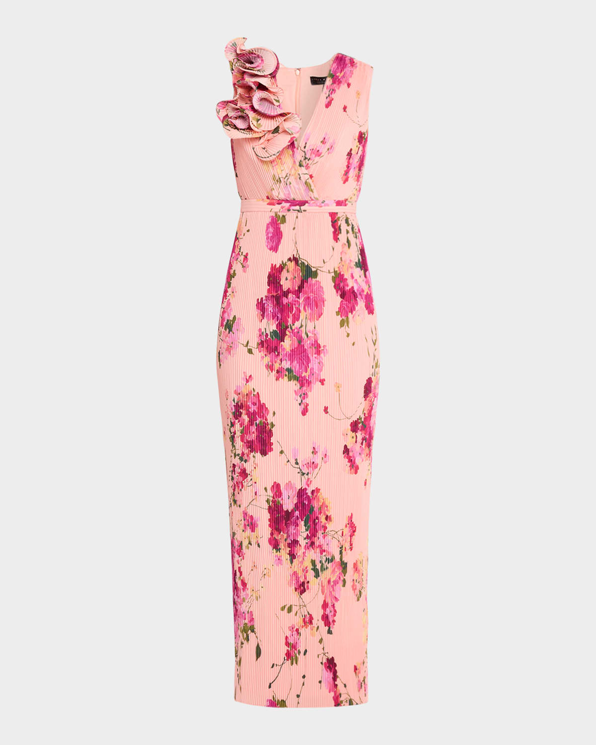Aidan Mattox Pleated Floral-print Crepe De Chine Gown In Multi