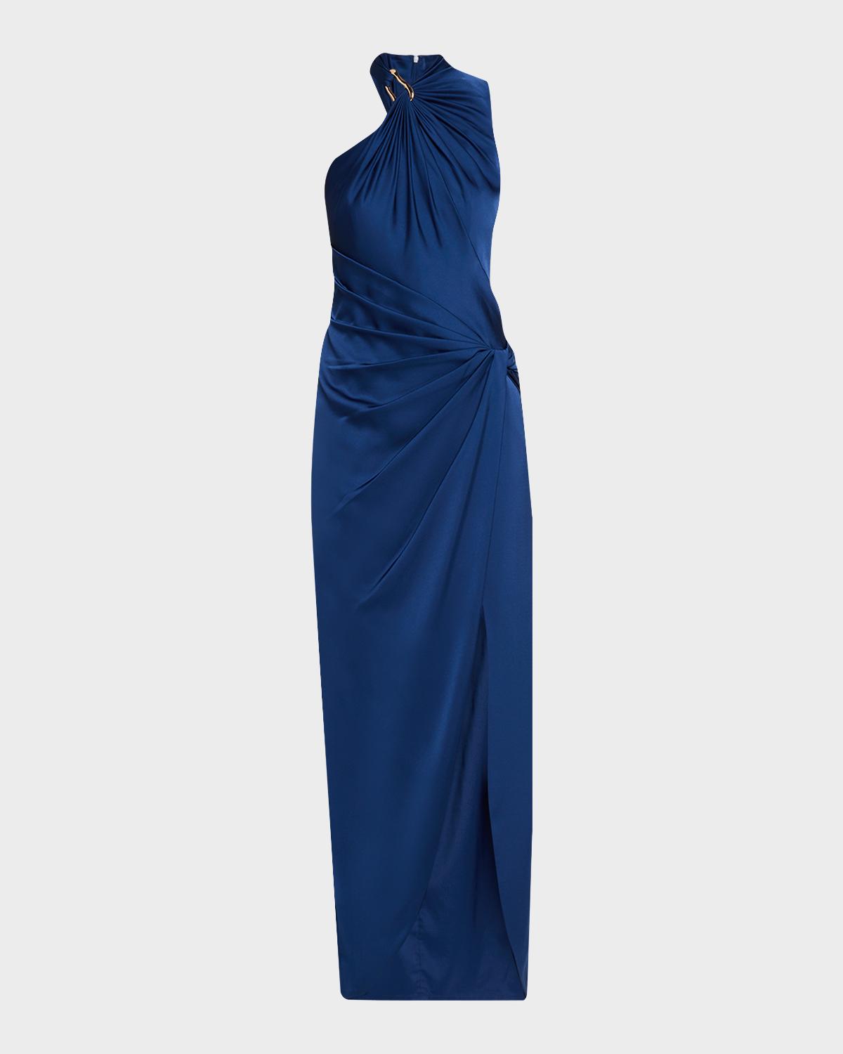 Aidan Mattox Satin Asymmetrical Draped Hardware Halter Gown
