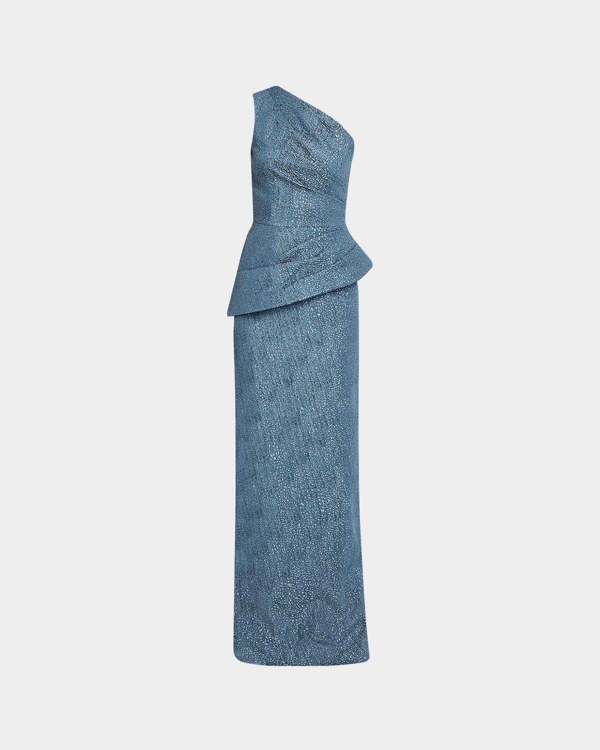 Rickie Freeman for Teri Jon One-Shoulder Metallic Jacquard Peplum Gown