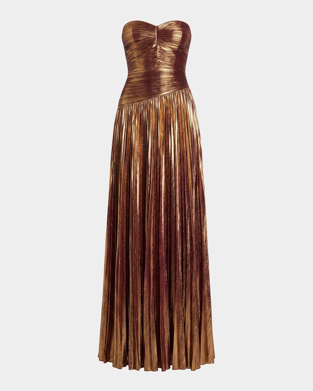 Retrofête Saba Pleated Metallic Strapless Maxi Dress