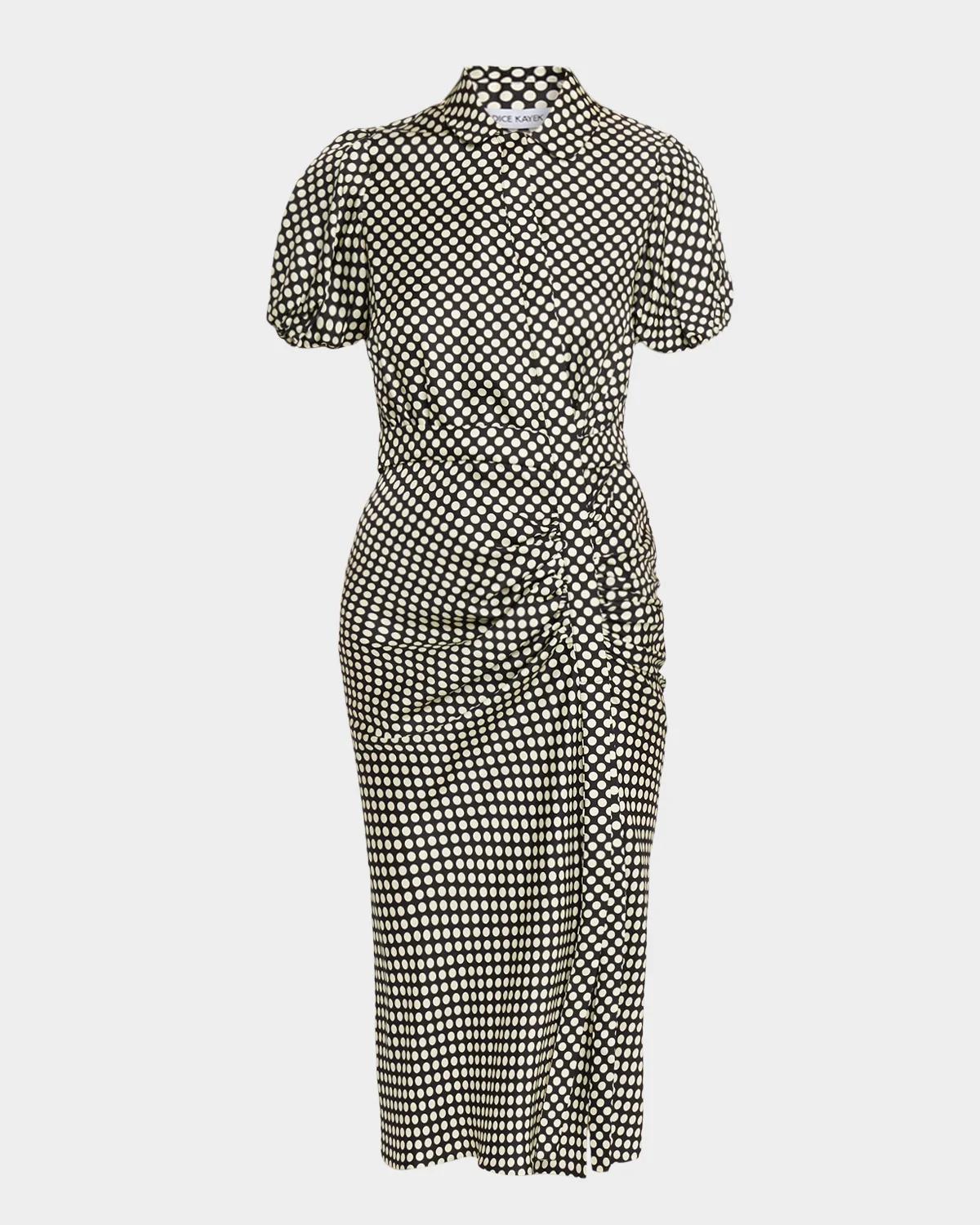 Dice Kayek Puff-Sleeve Ruched Polka-Dot Silk Midi Dress