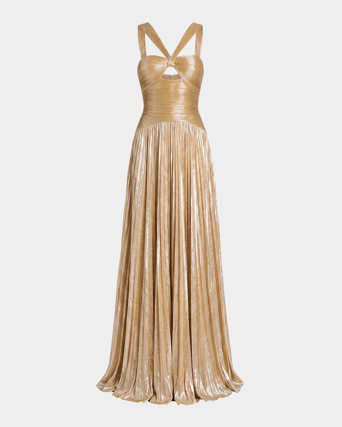 Retrofête Solace Metallic Pleated Halter Maxi Dress