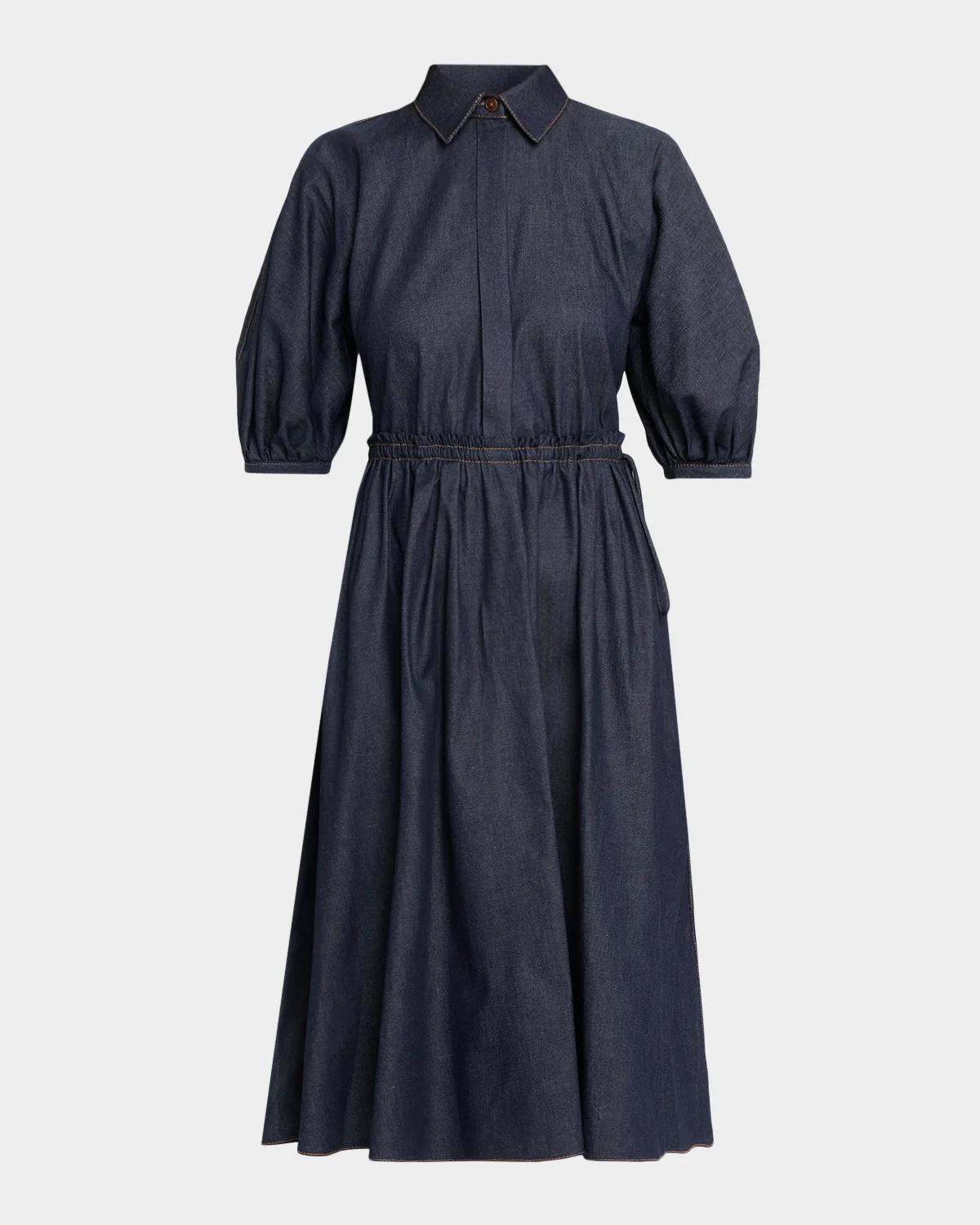 Dice Kayek Denim Puff-Sleeve Drawstring Midi Shirtdress