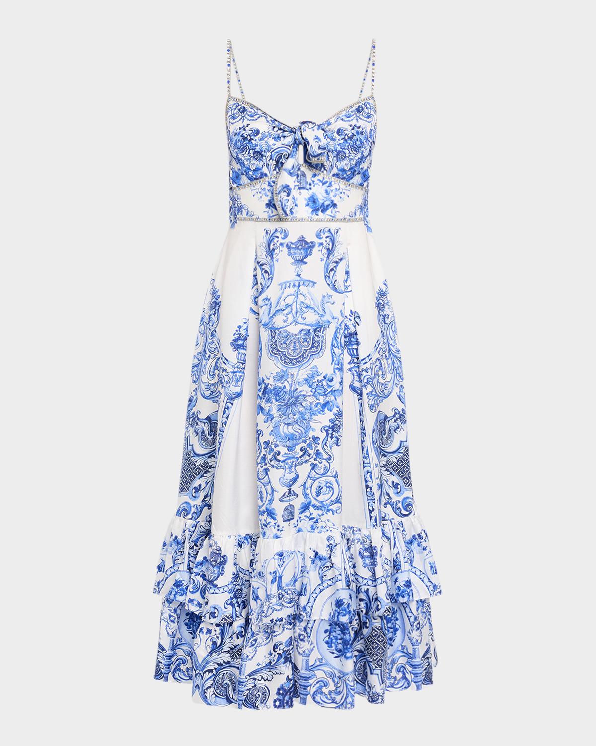 Camilla Ceramic Panoramic Ruffle-Hem Tie Midi Dress
