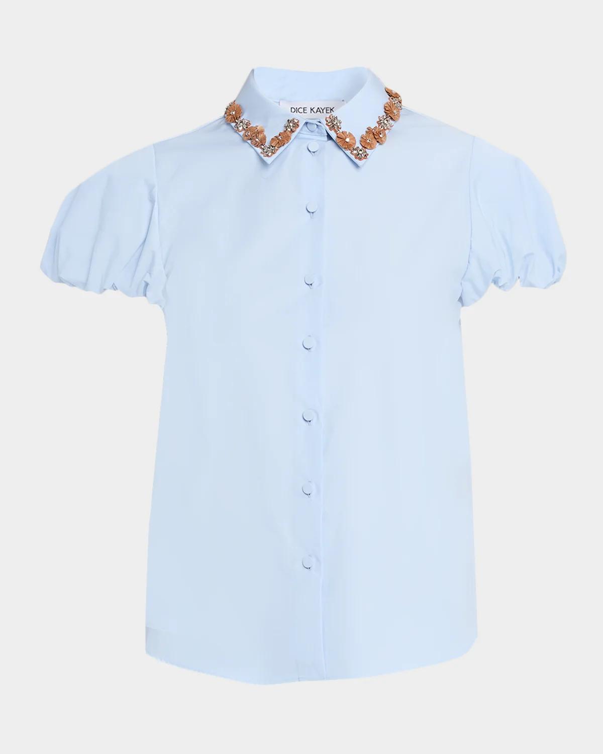 Dice Kayek Embellished Collar Puff-Sleeve Button-Down Shirt
