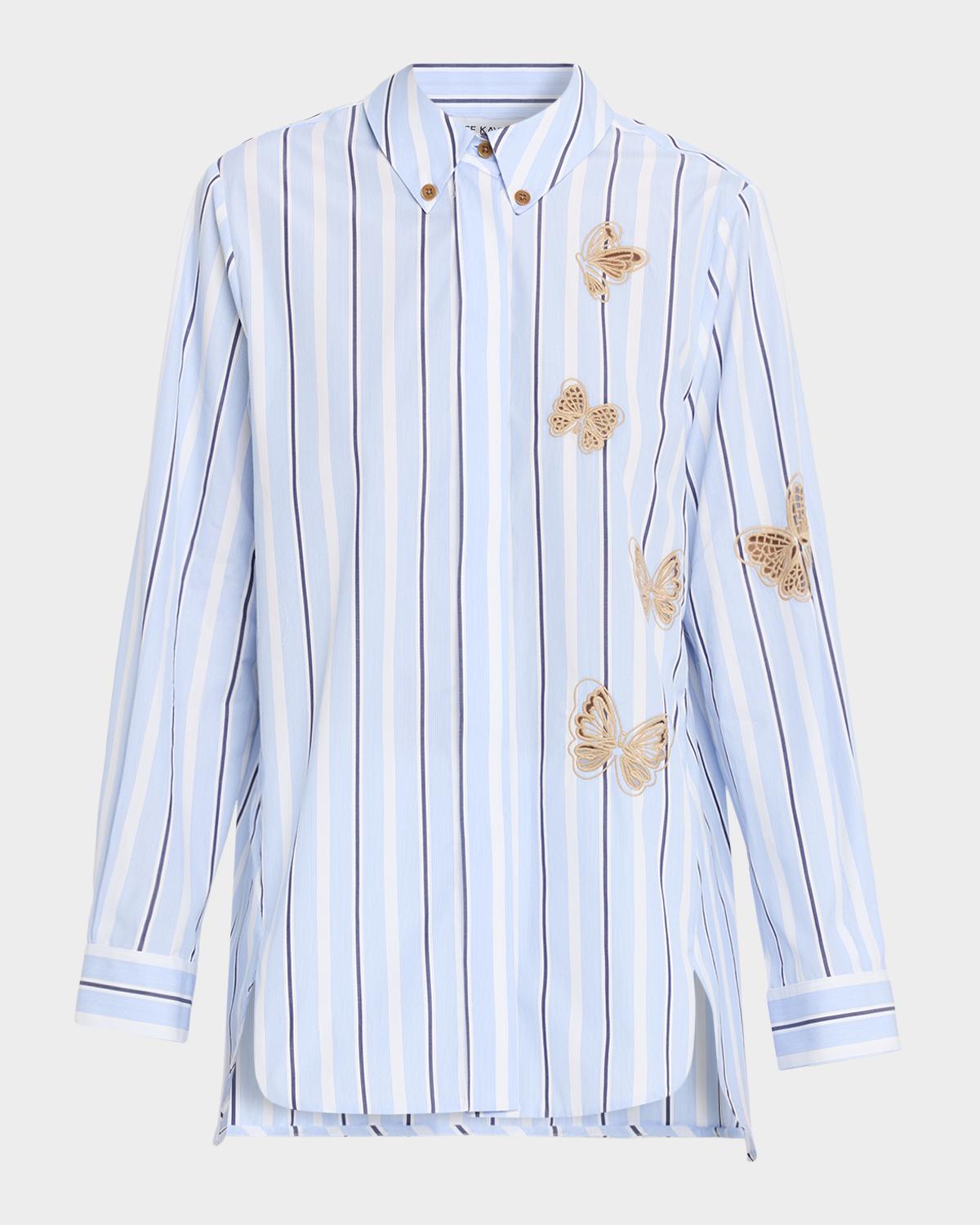 Dice Kayek Butterfly Embroidered Striped Cotton Button-Down Shirt